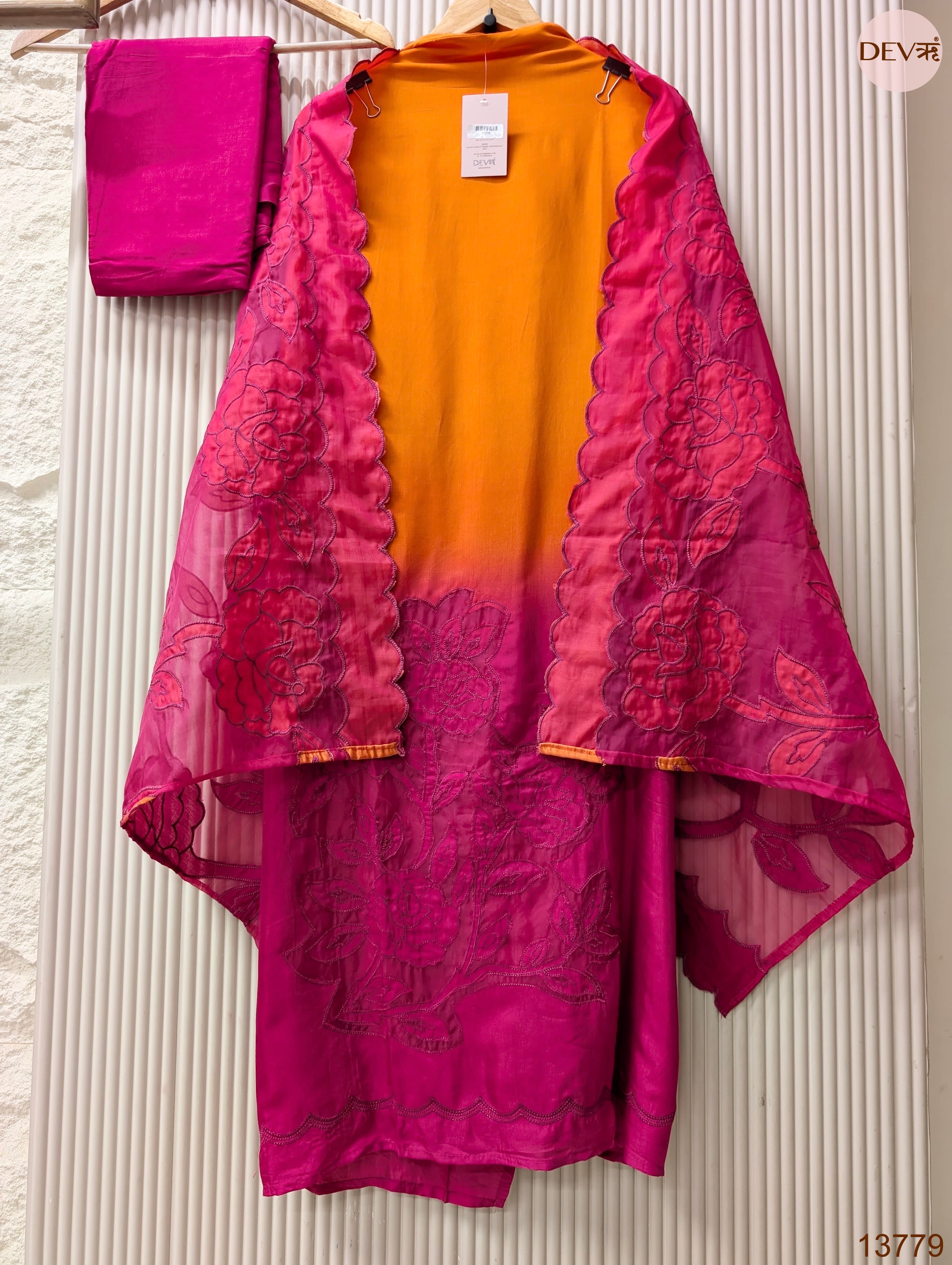 Orange Muslin Embroidered Unstitched 3-Piece Suit (Devri – D.No 13779)