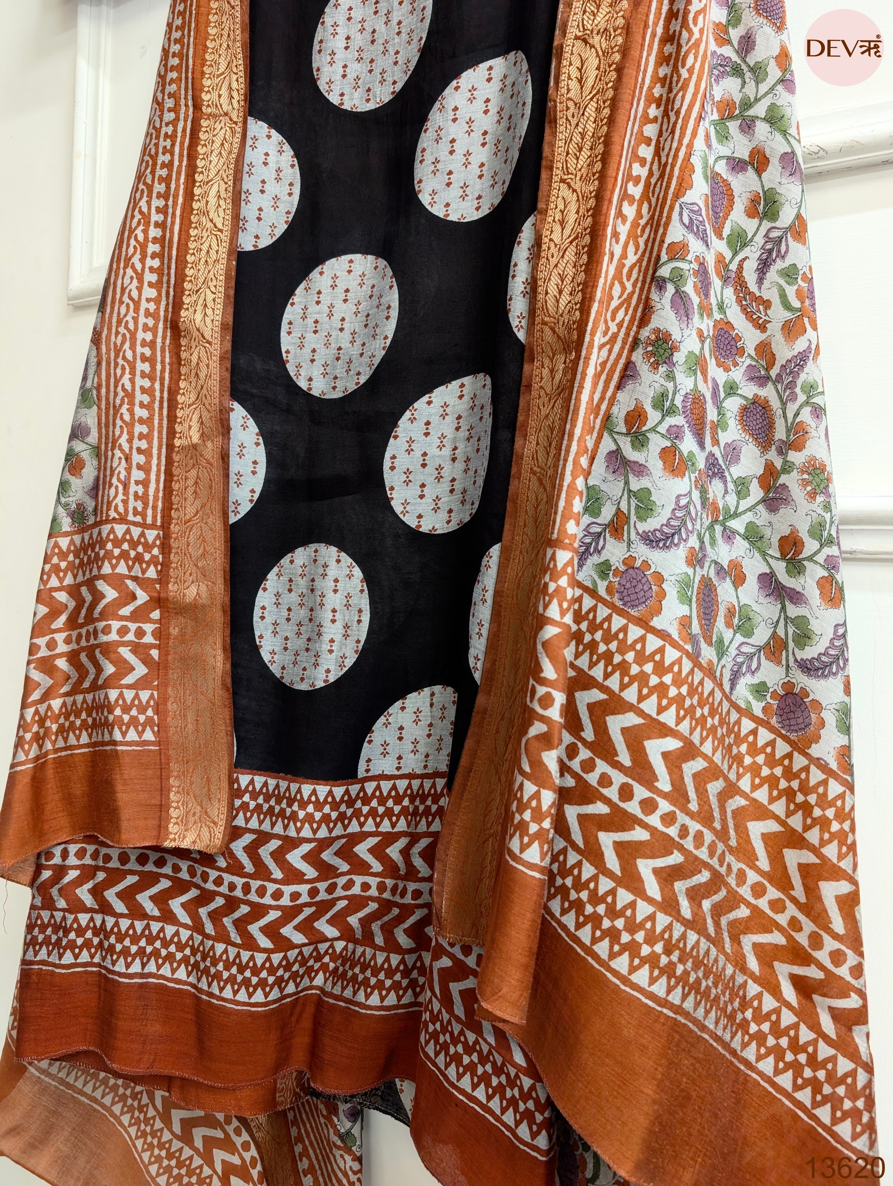 Black Maheshwari Silk Printed Unstitched 3-Piece Suit (Devri – D.No 13620)