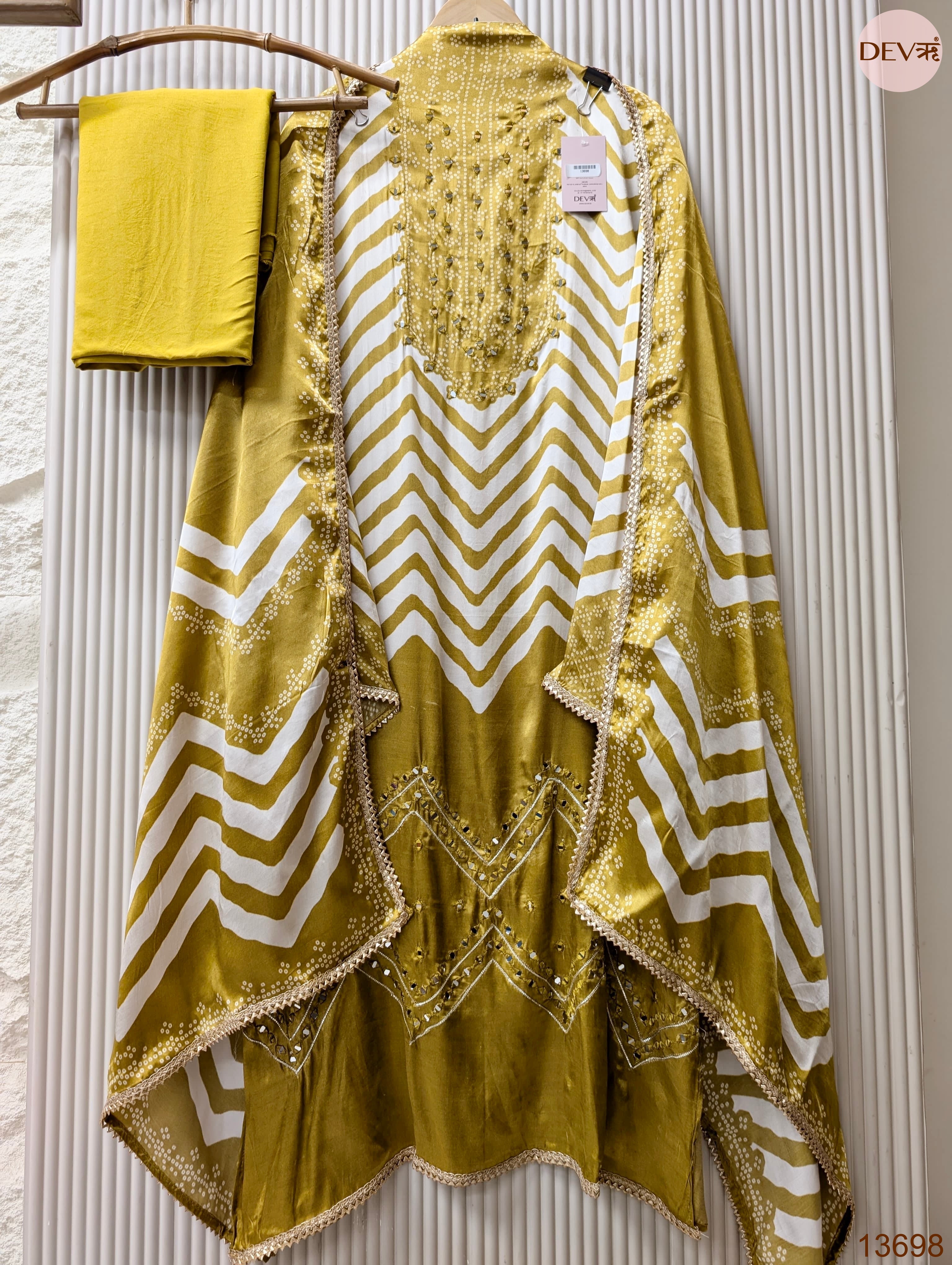 Mustard Pure Gajji Silk Printed Unstitched 3-Piece Suit (Devri – D.No 13698)