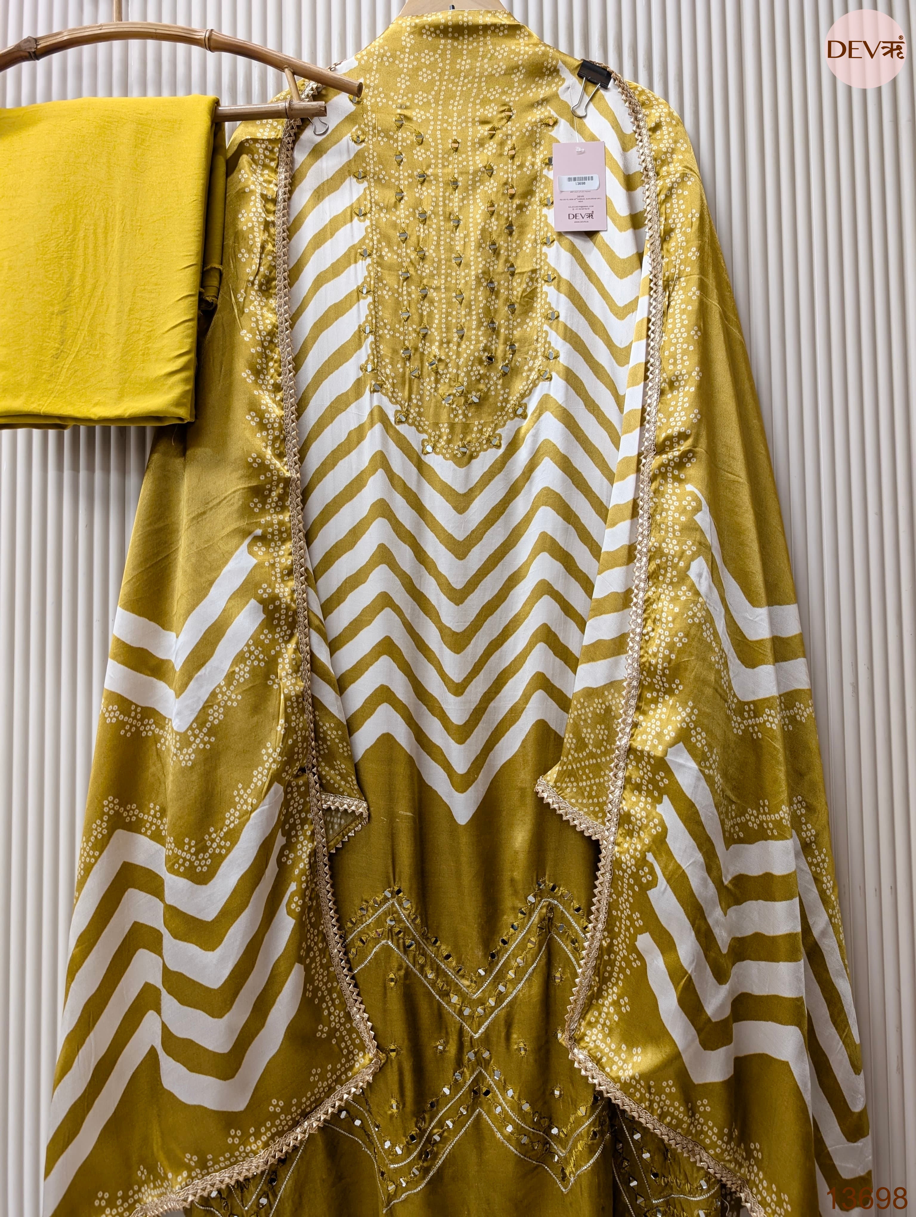 Mustard Pure Gajji Silk Printed Unstitched 3-Piece Suit (Devri – D.No 13698)