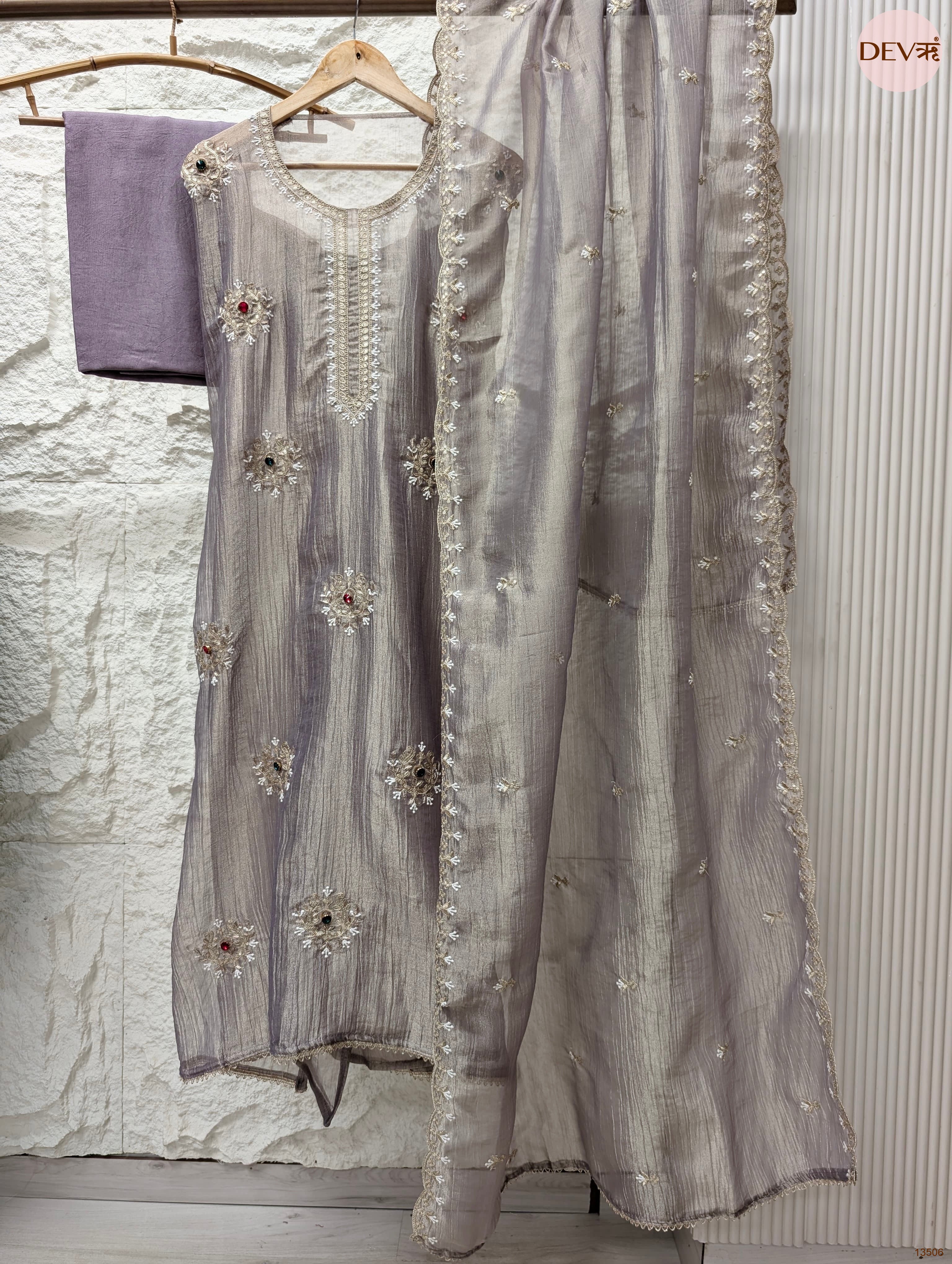 Mauve Tissue Crush Silk Embroidered Unstitched 3-Piece Suit (Devri – D.No 13506)