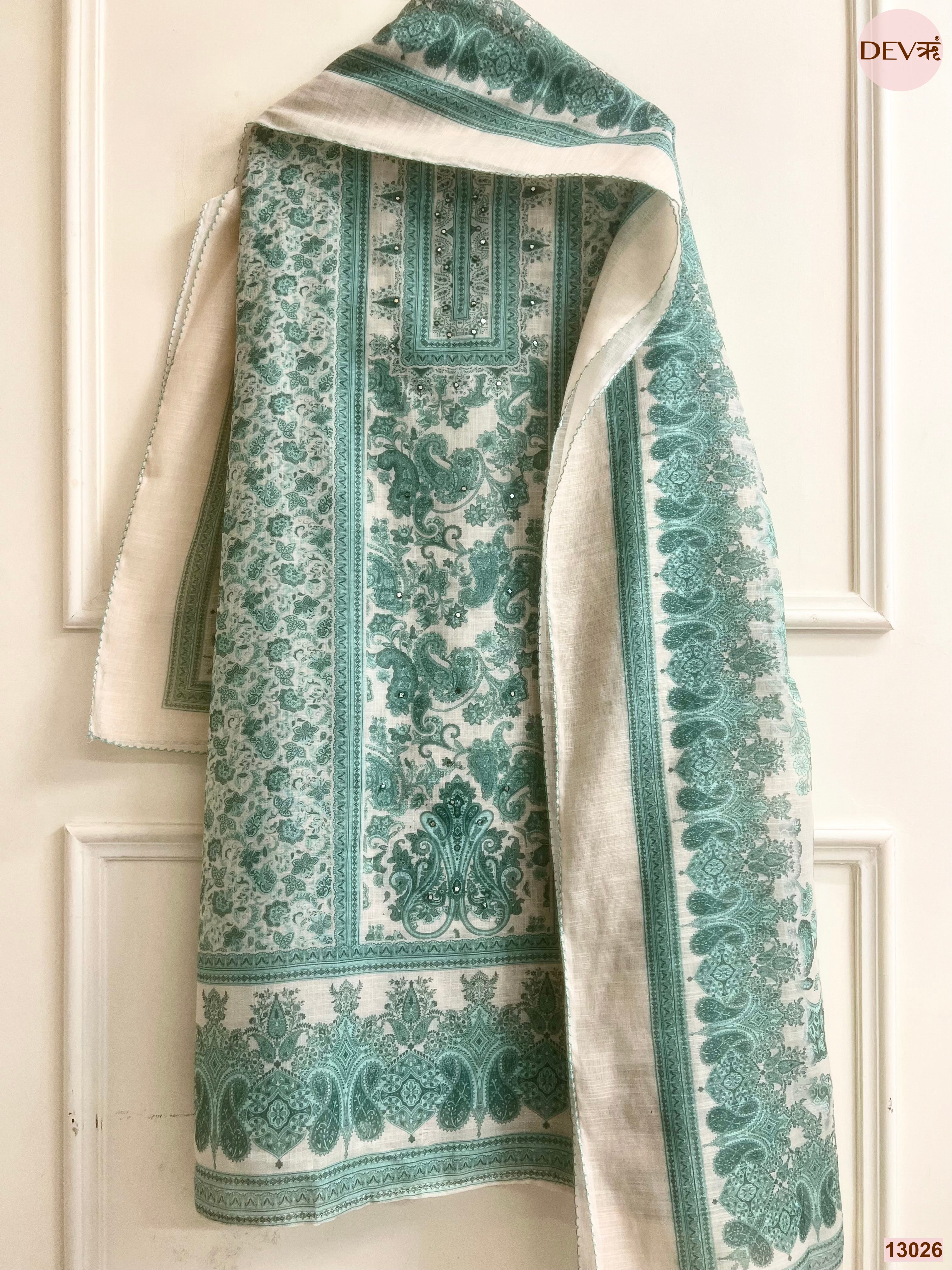 White Linen Printed Unstitched 3-Piece Suit (Devri – D.No 13026)