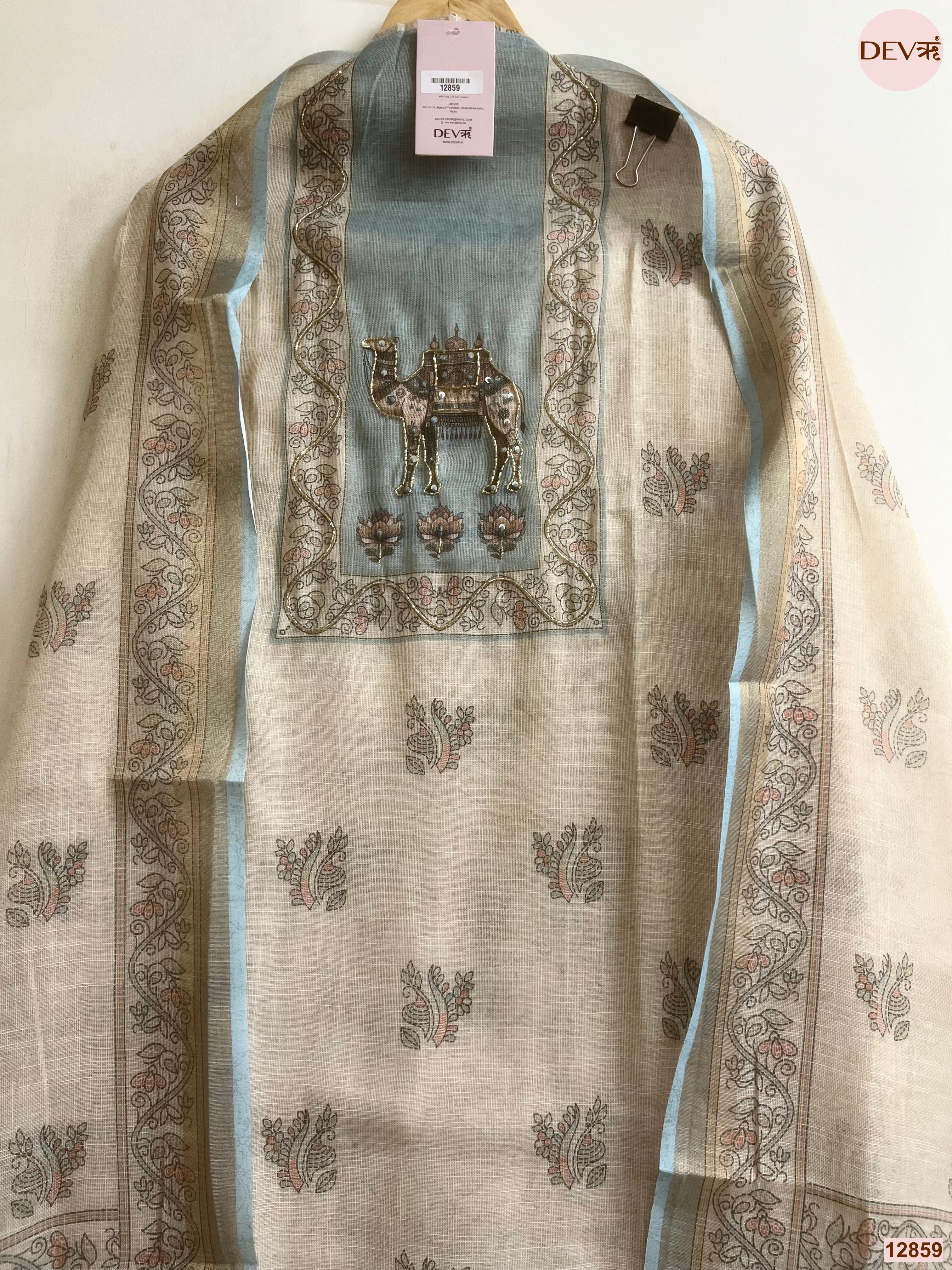 Blue Linen Cotton Printed Unstitched 3-Piece Suit (Devri – D.No 12859)