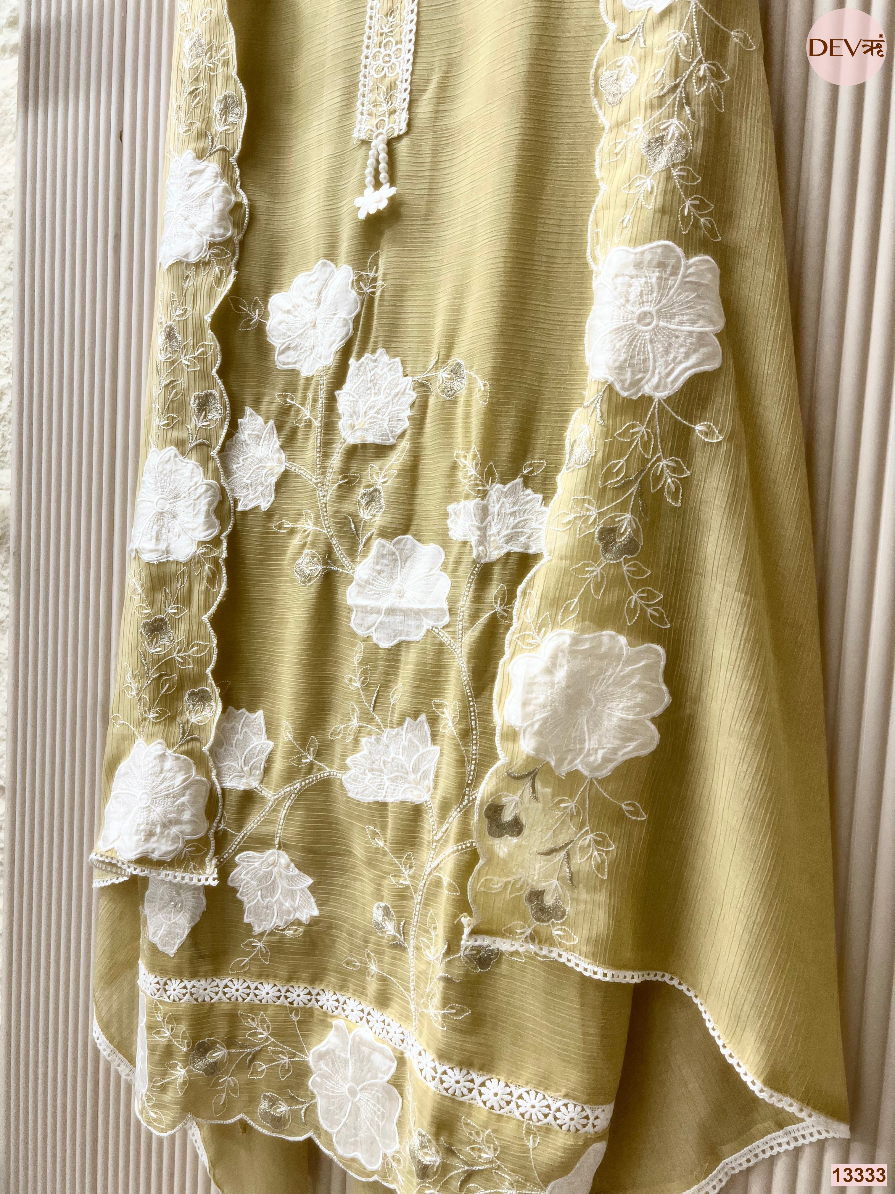 Olive Mul Chanderi Crush Embroidered Unstitched 3-Piece Suit (Devri – D.No 13333)