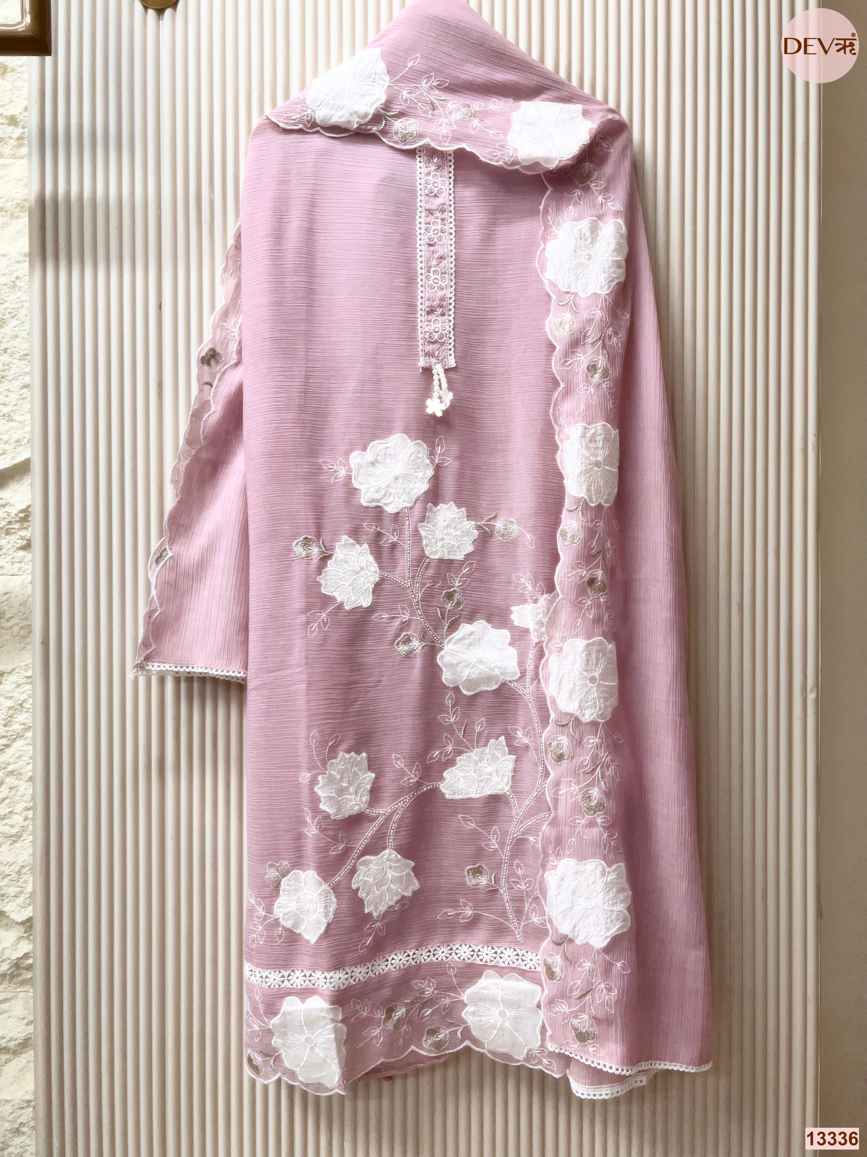 Pink Mul Chanderi Crush Embroidered Unstitched 3-Piece Suit (Devri – D.No 13336)