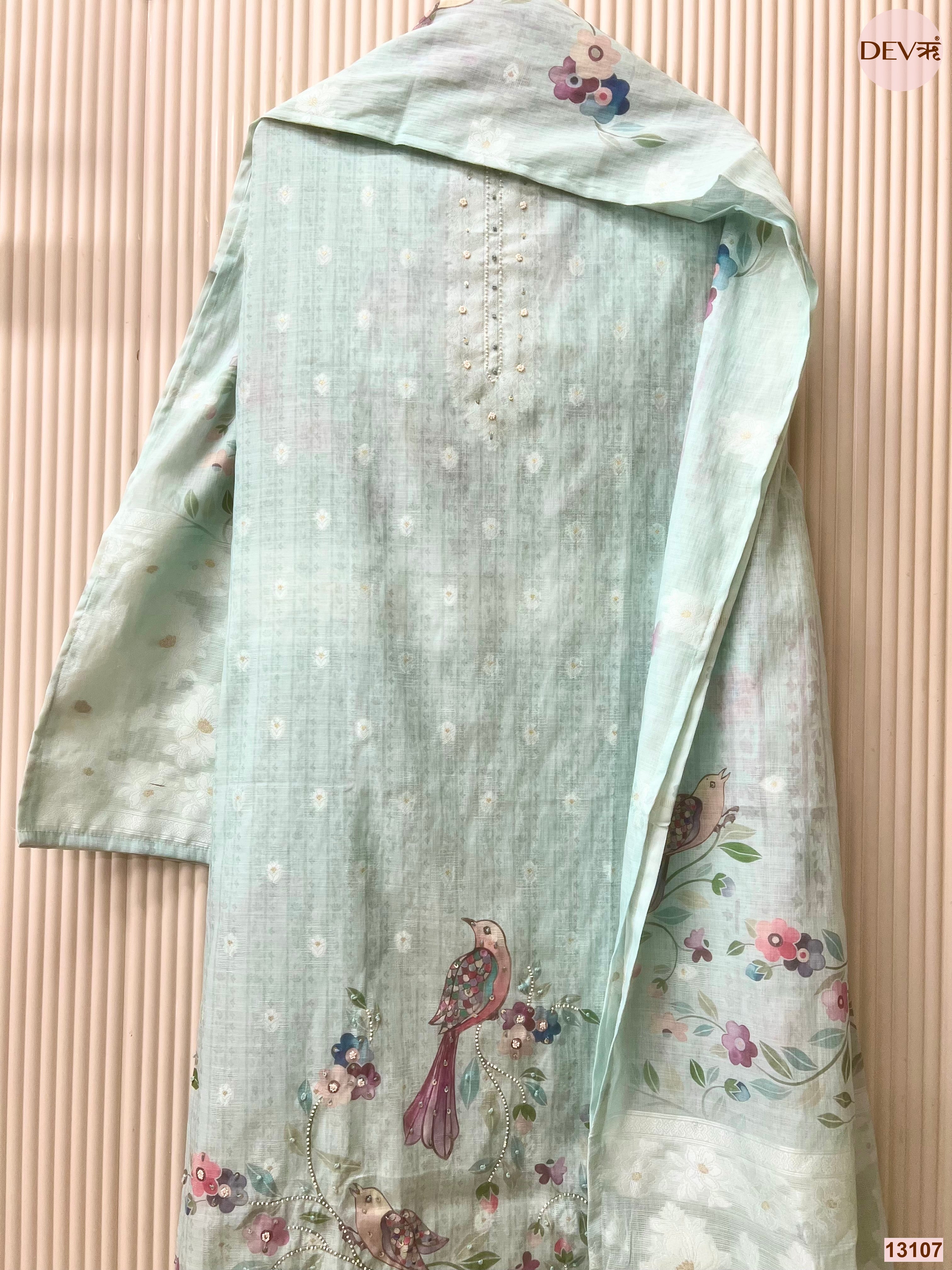 Aqua Linen Cotton Printed Unstitched 3-Piece Suit (Devri – D.No 13107)