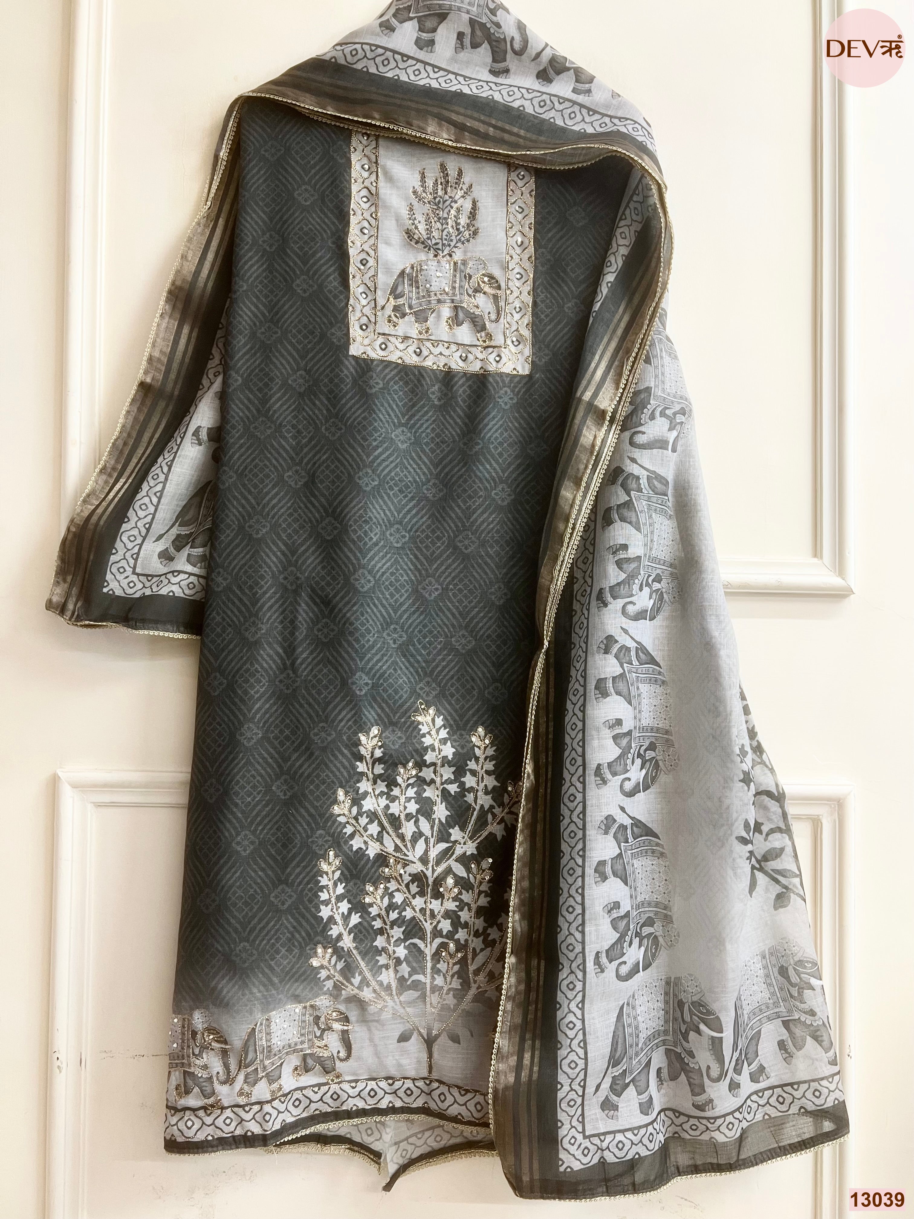 Green Linen Cotton Printed Unstitched 3-Piece Suit (Devri – D.No 13039)