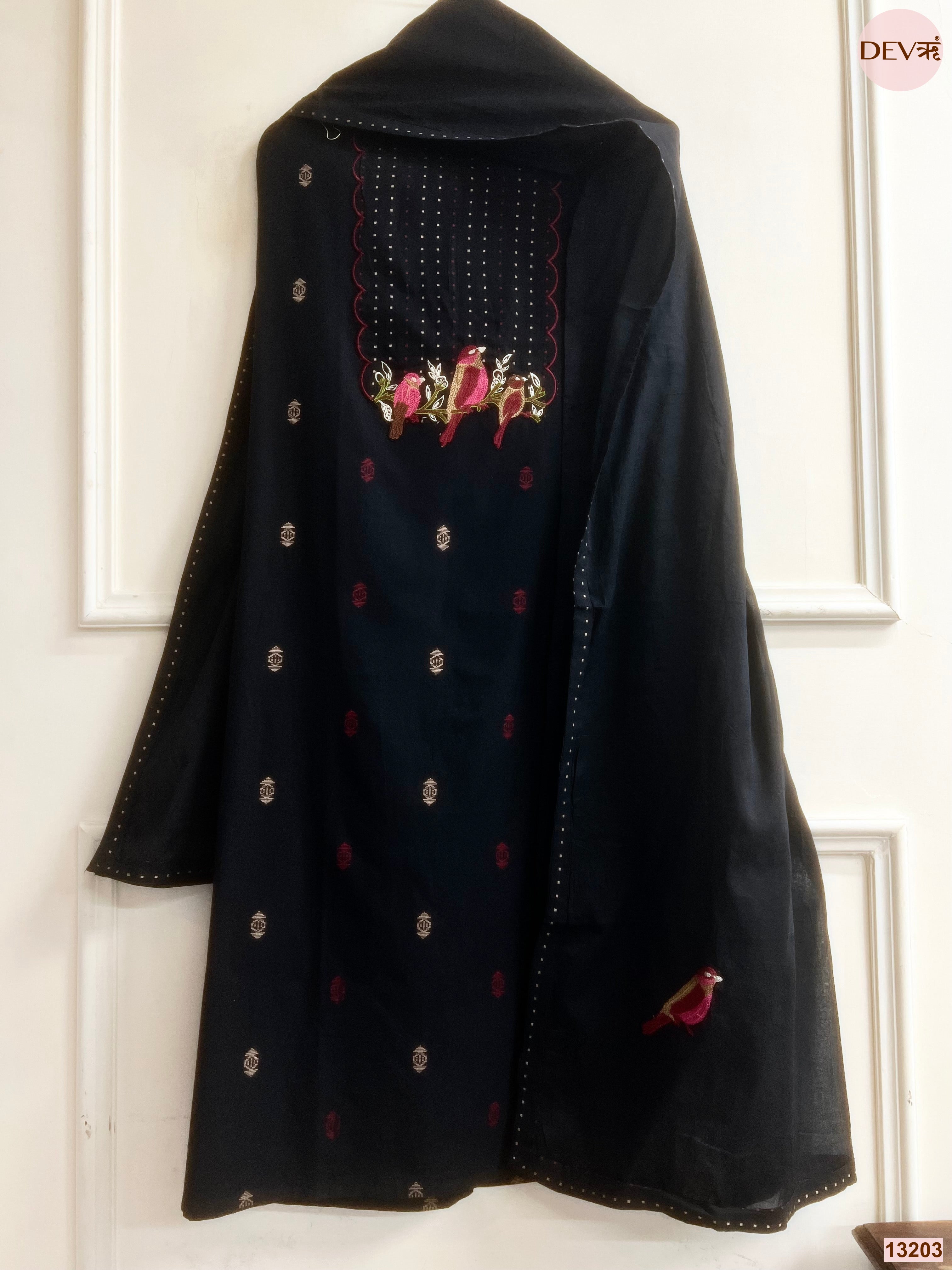 Black Handloom Cotton Embroidered Unstitched 3-Piece Suit (Devri – D.No 13203)