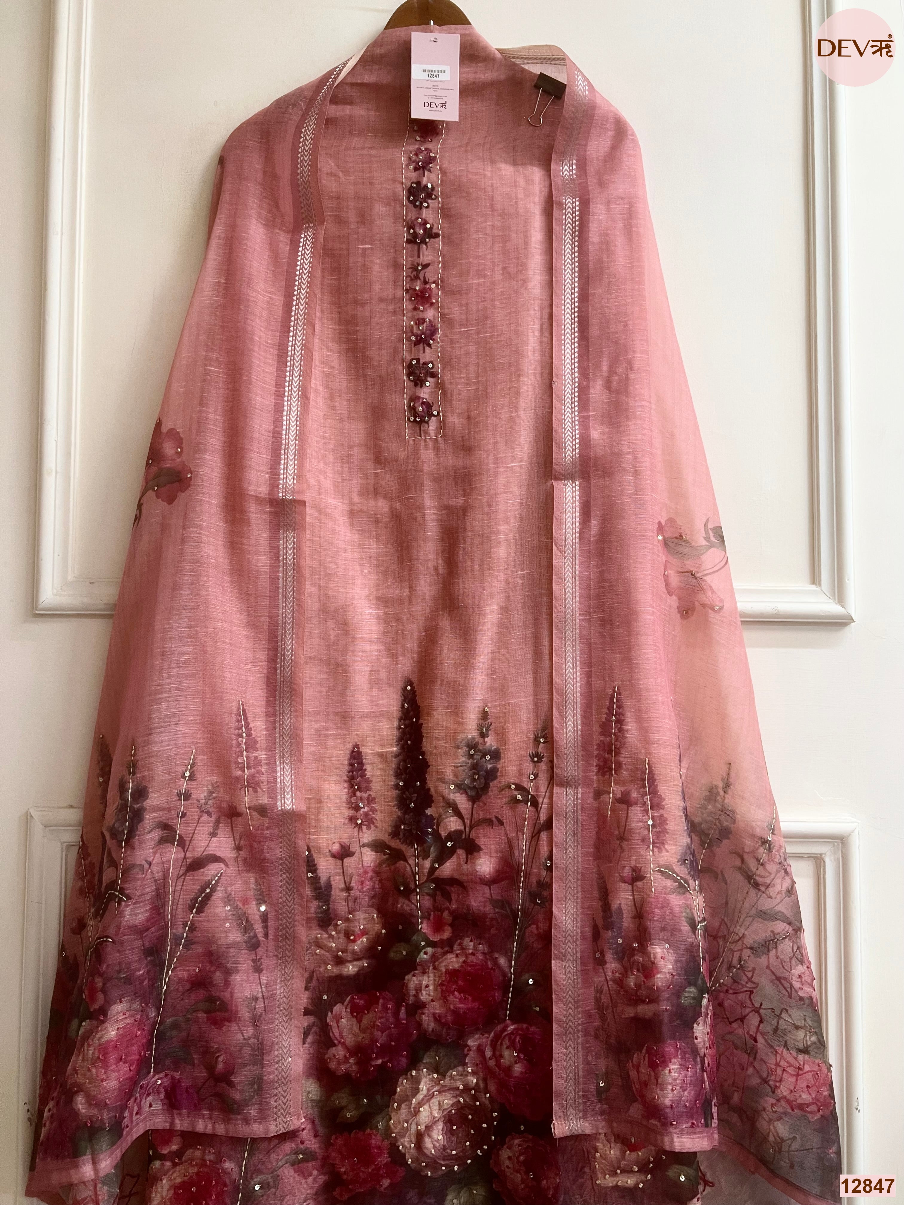 Pink Mul Chanderi Printed Unstitched 3-Piece Suit (Devri – D.No 12847)