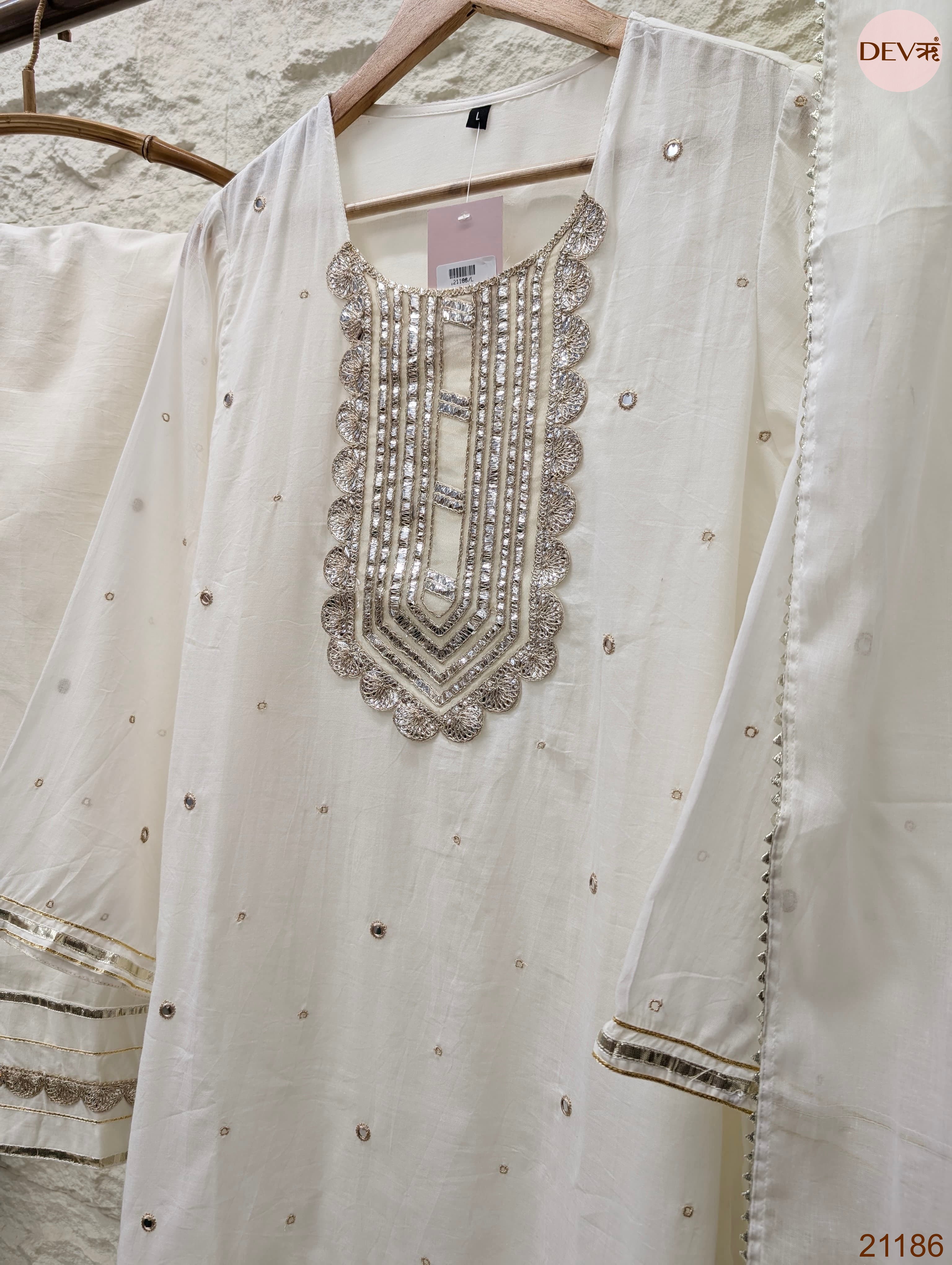 Noor Pure mul cotton Embroidered Off White 3-Piece Set (Devri – D.No 21186)