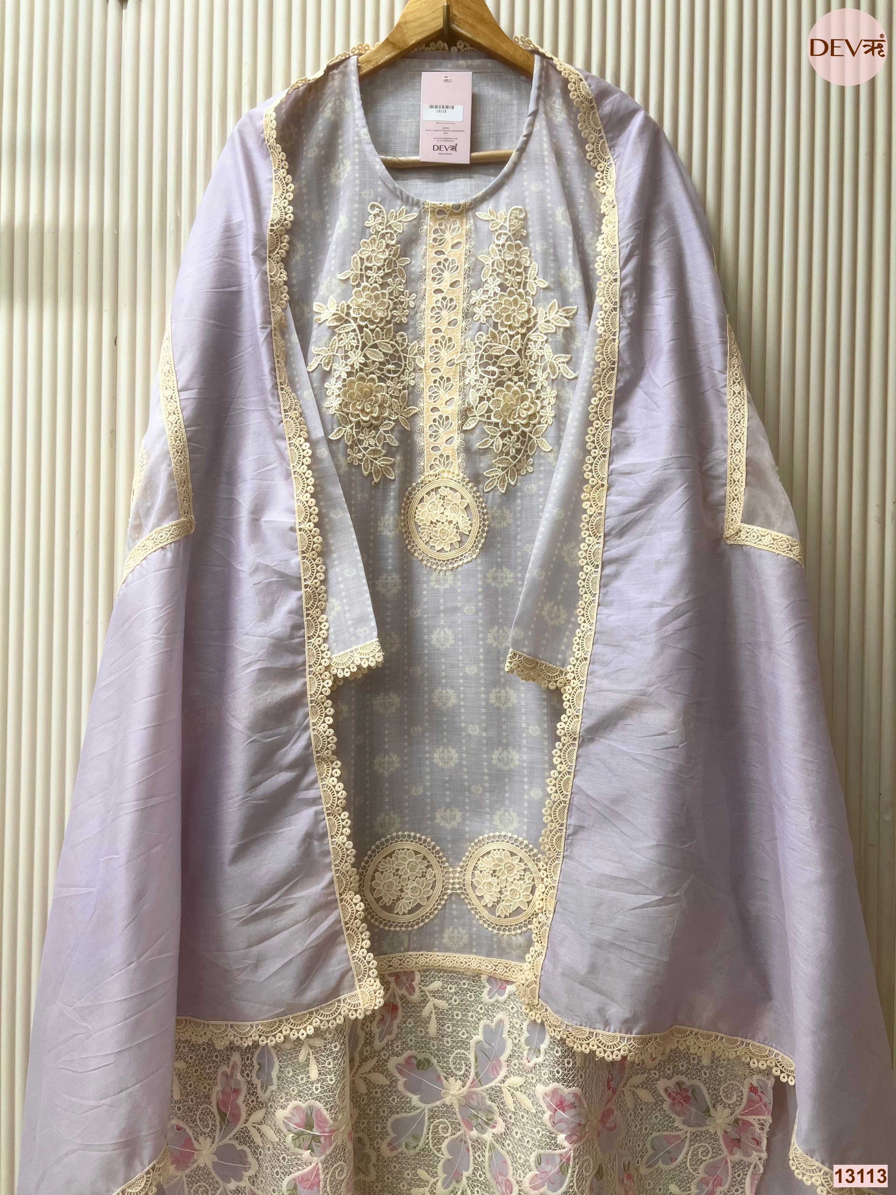 Lavender Linen Cotton Embroidered Unstitched 3-Piece Suit (Devri – D.No 13113)