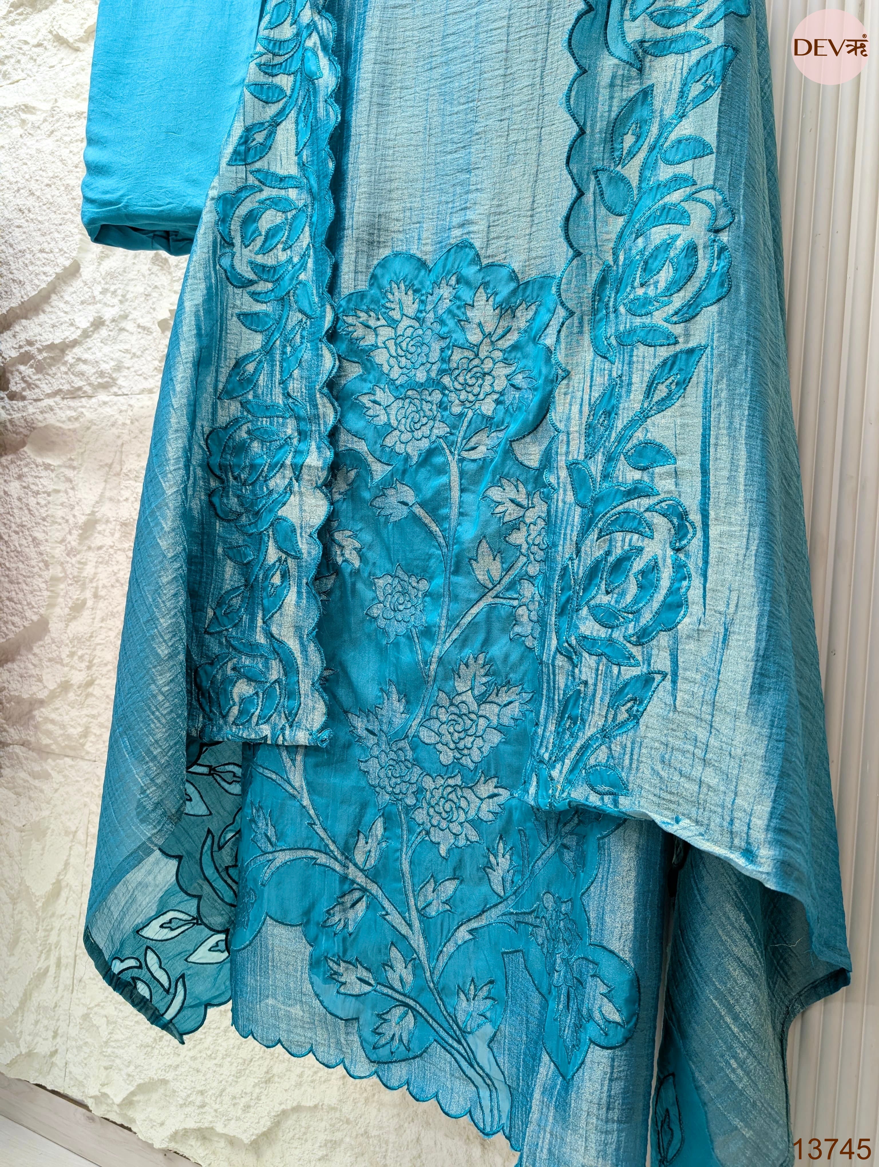 Blue Tissue Crush Silk Embroidered Unstitched 3-Piece Suit (Devri – D.No 13745)