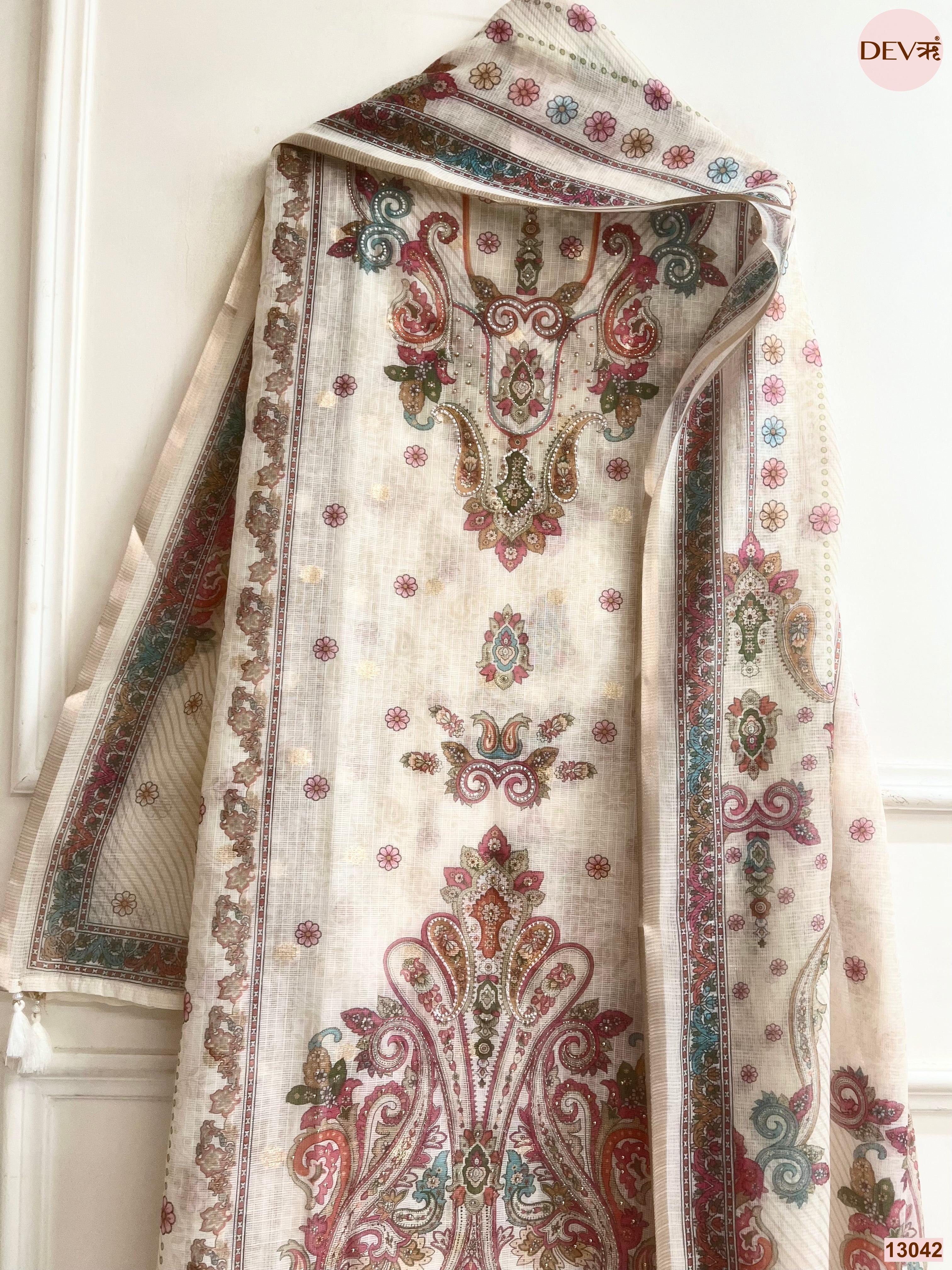 Cream Kota Printed Unstitched 3-Piece Suit (Devri – D.No 13042)