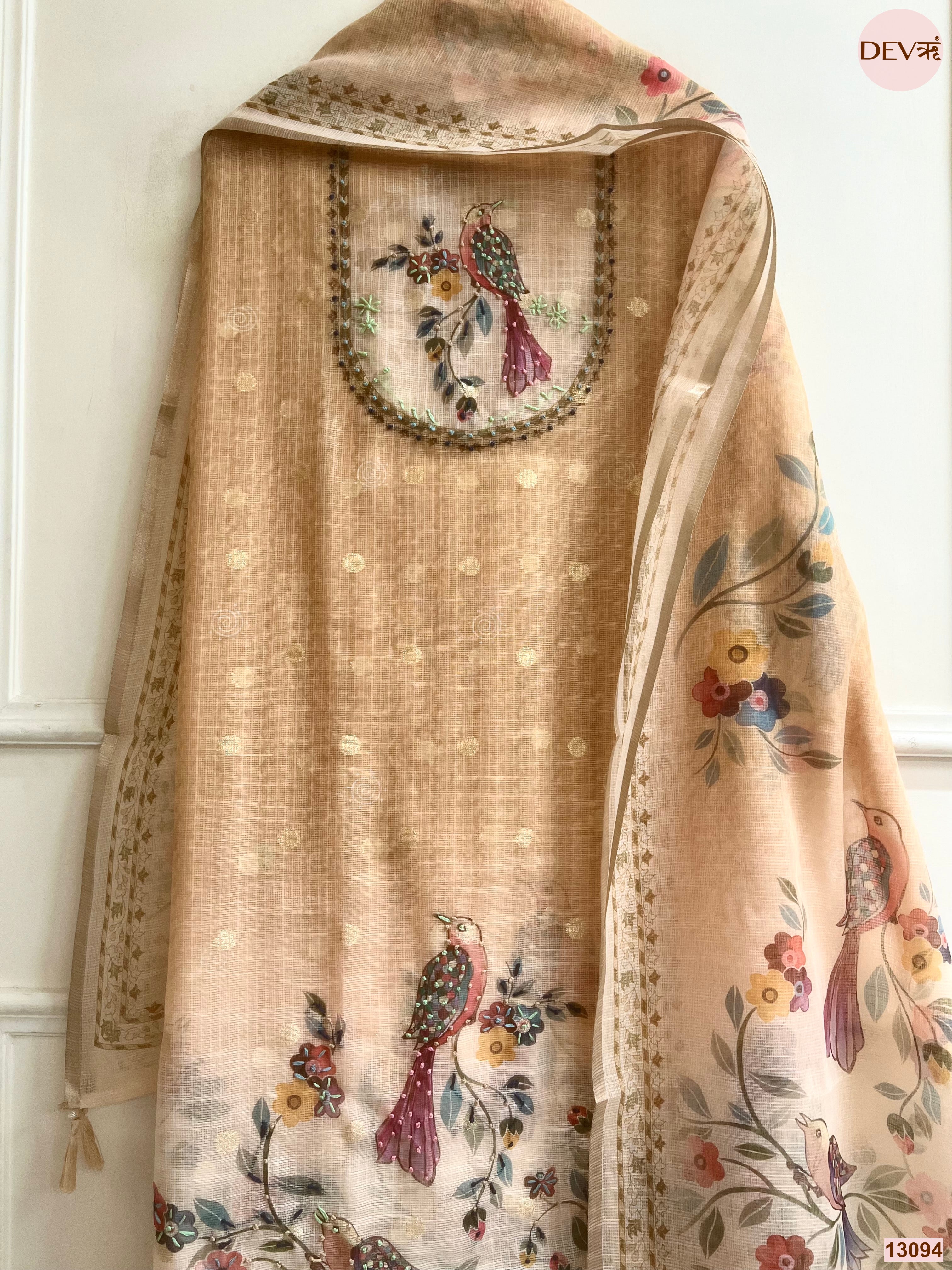 Beige Kota Printed Unstitched 3-Piece Suit (Devri – D.No 13094)