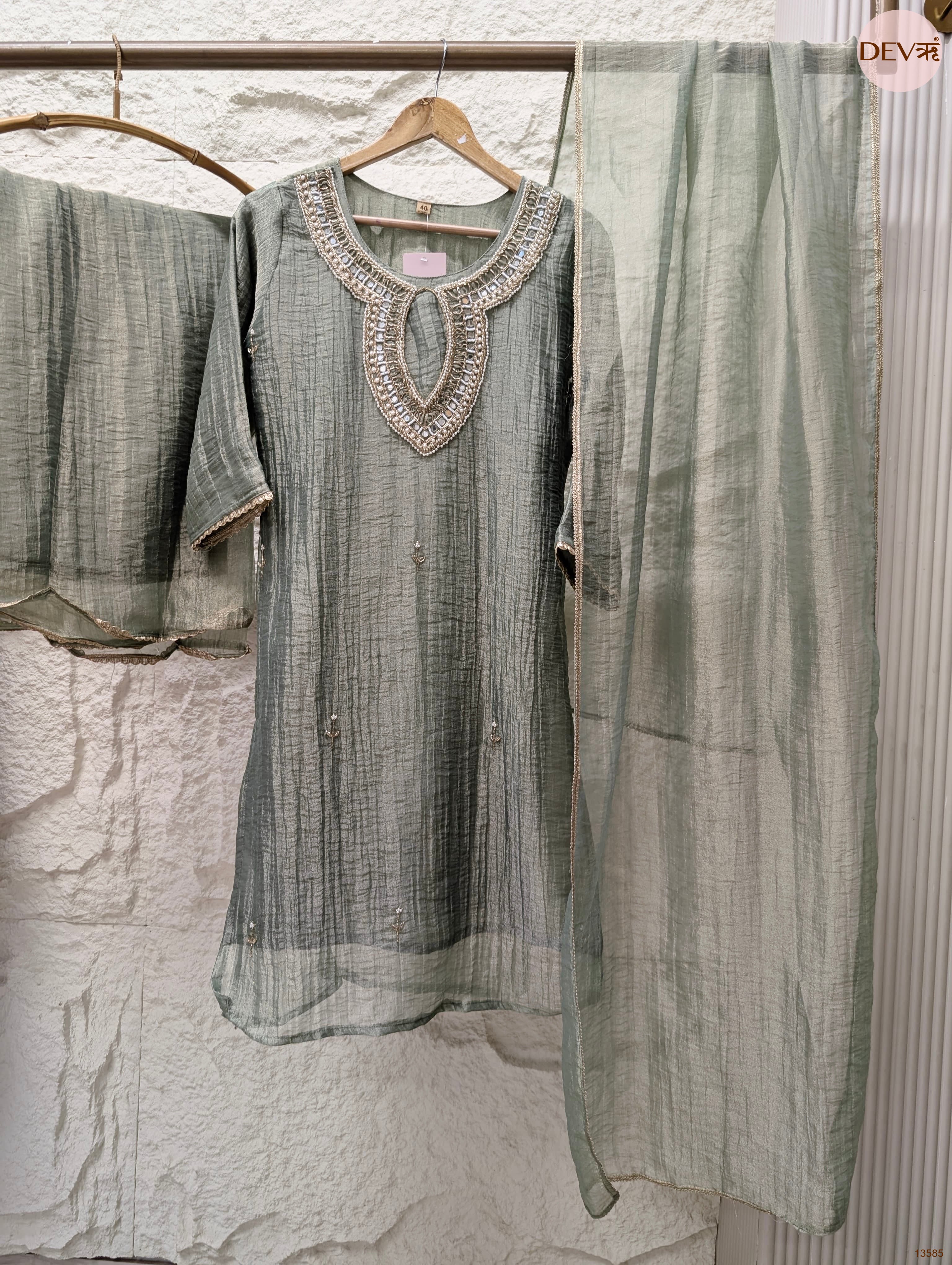 Zarmina Tissue crush silk Embroidered Sage Green 3-Piece Set (Devri – D.No 13585)