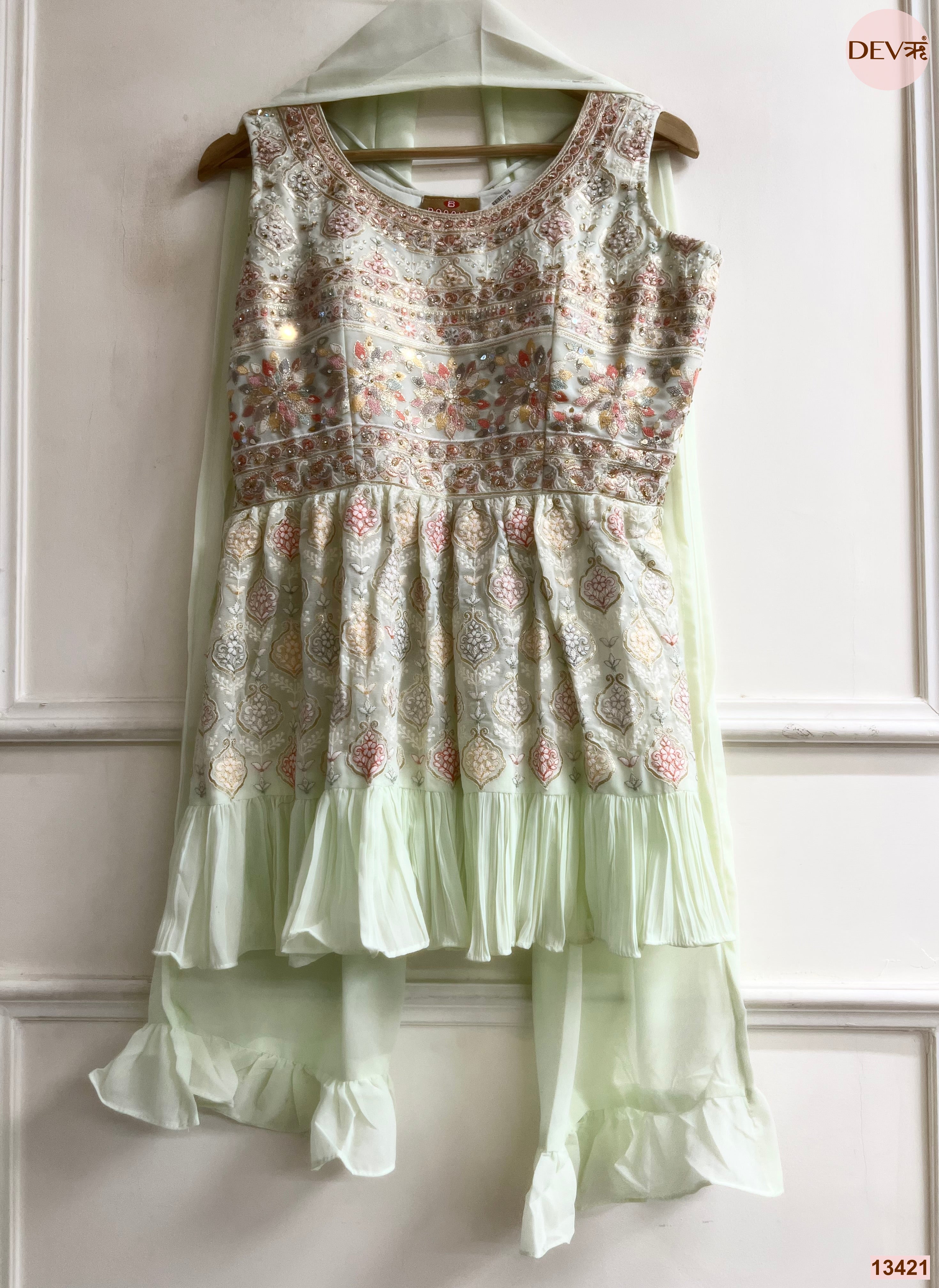 Gulnaar Georgete Embroidered Mint Green 3-Piece Set (Devri – D.No 13421)