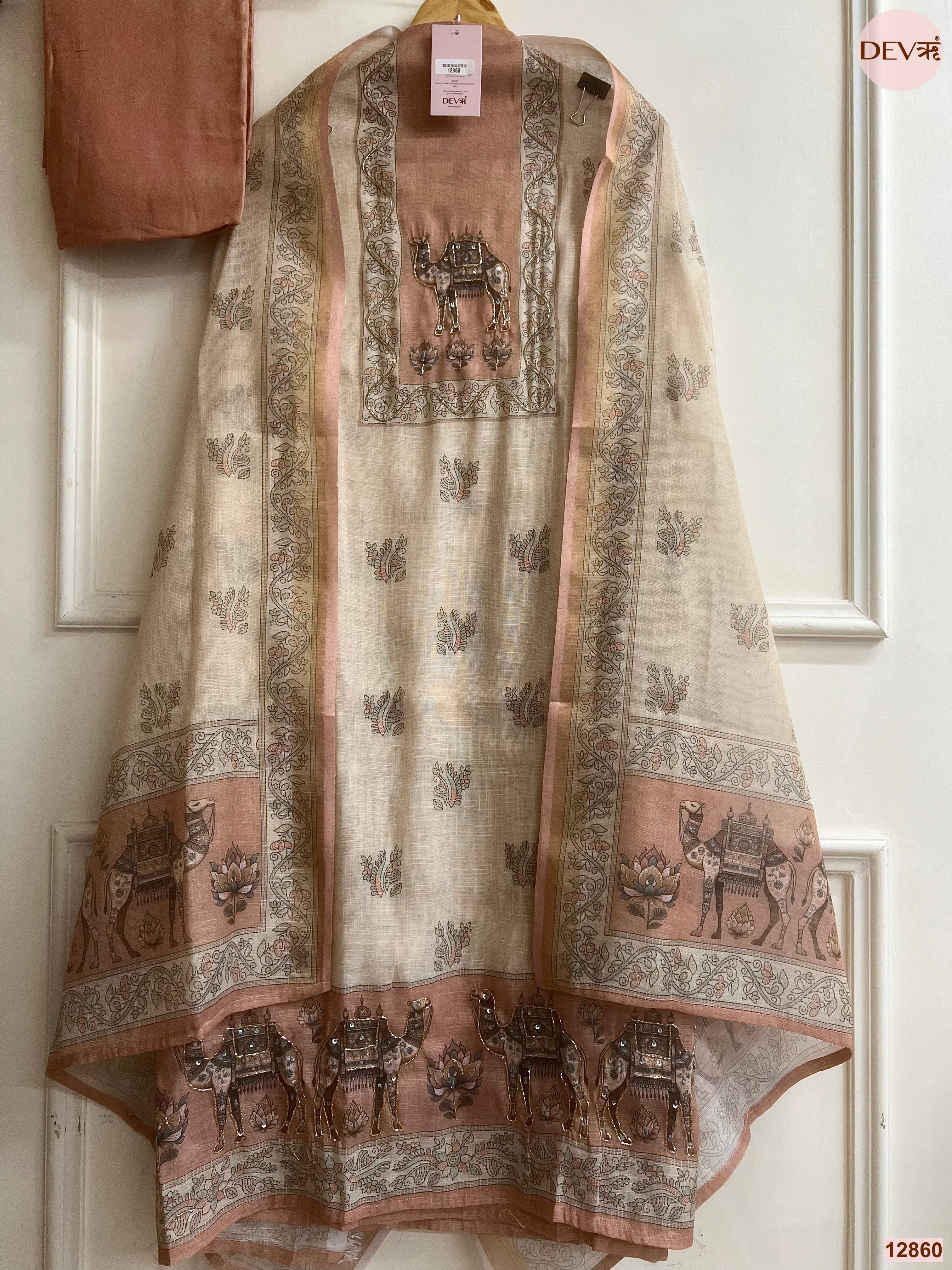 Beige Linen Cotton Printed Unstitched 3-Piece Suit (Devri – D.No 12860)