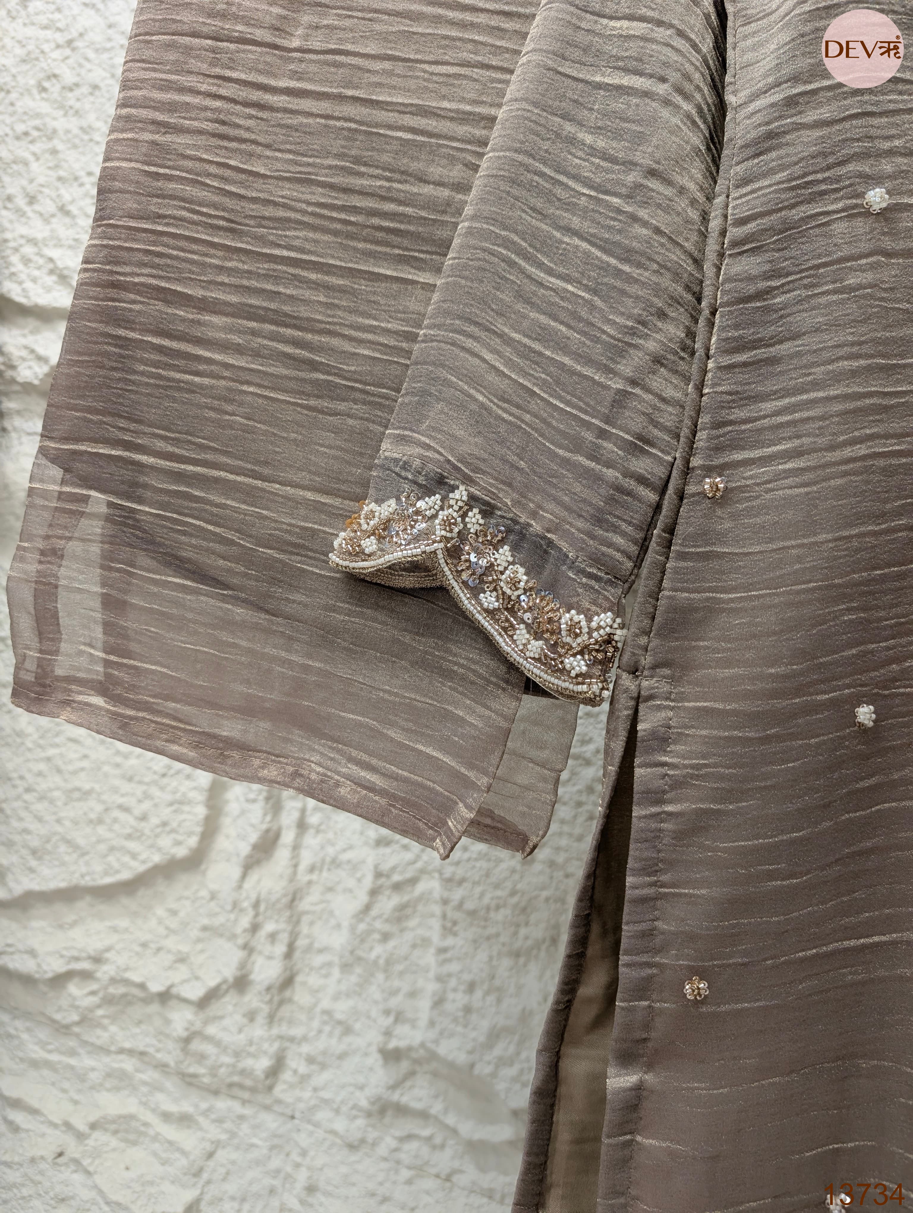 Zareen Tissue crush silk Embroidered Taupe 3-Piece Set (Devri – D.No 13734)