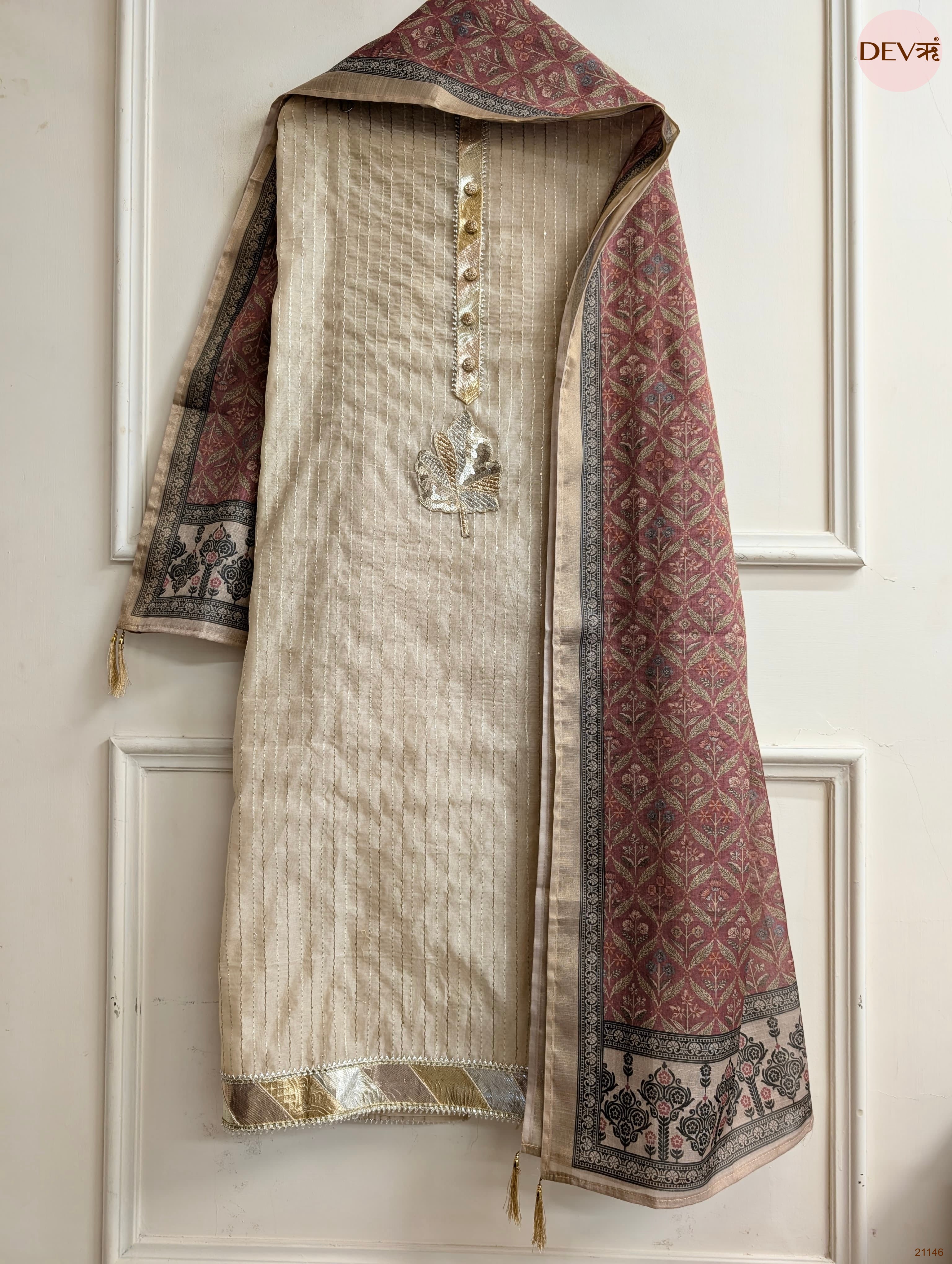 Cream Pure Chanderi Embroidered Unstitched 3-Piece Suit (Devri – D.No 21146)