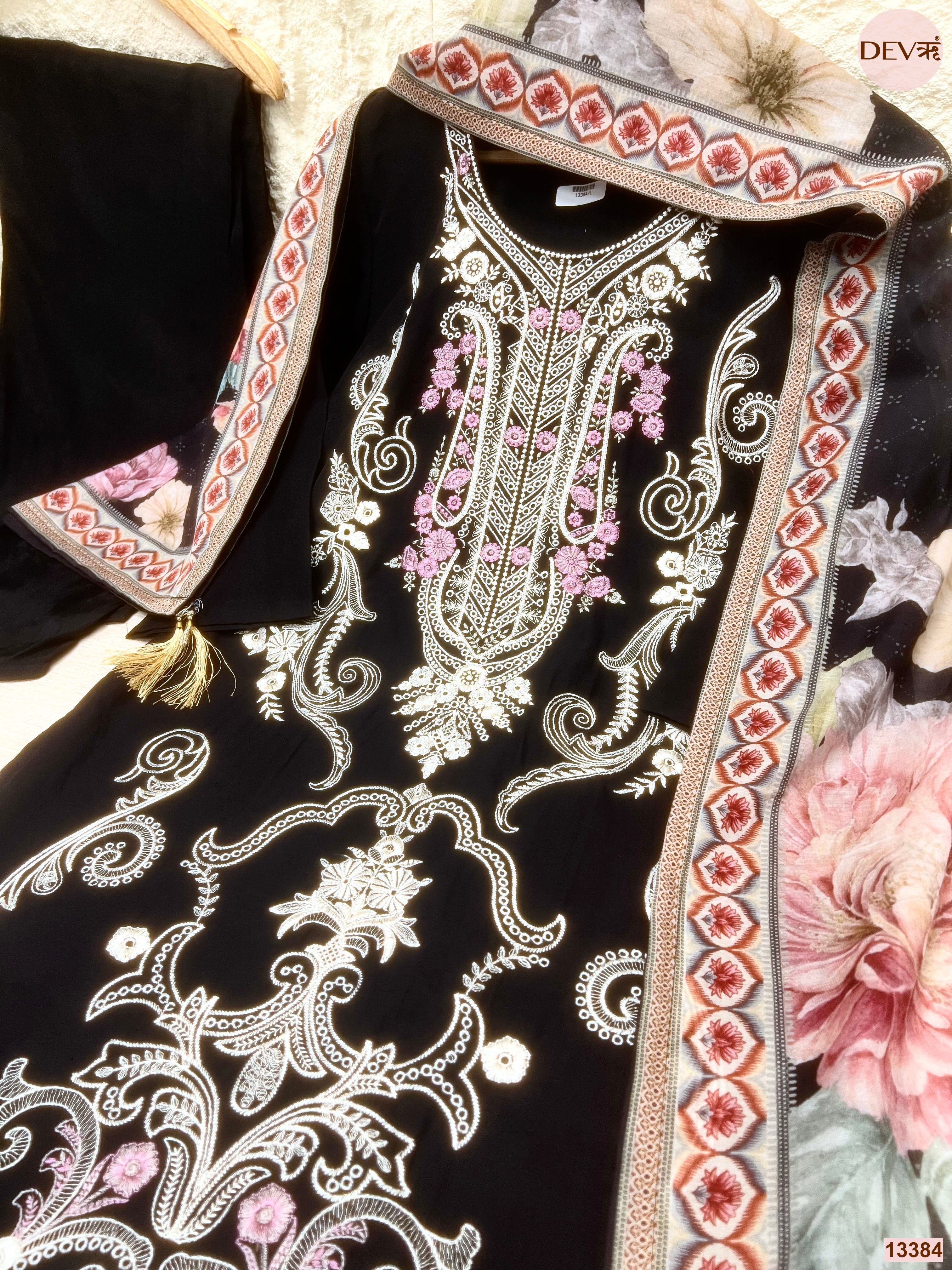 Meher Pure Mul Cotton Embroidered Black 3-Piece Set (Devri – D.No 13384)
