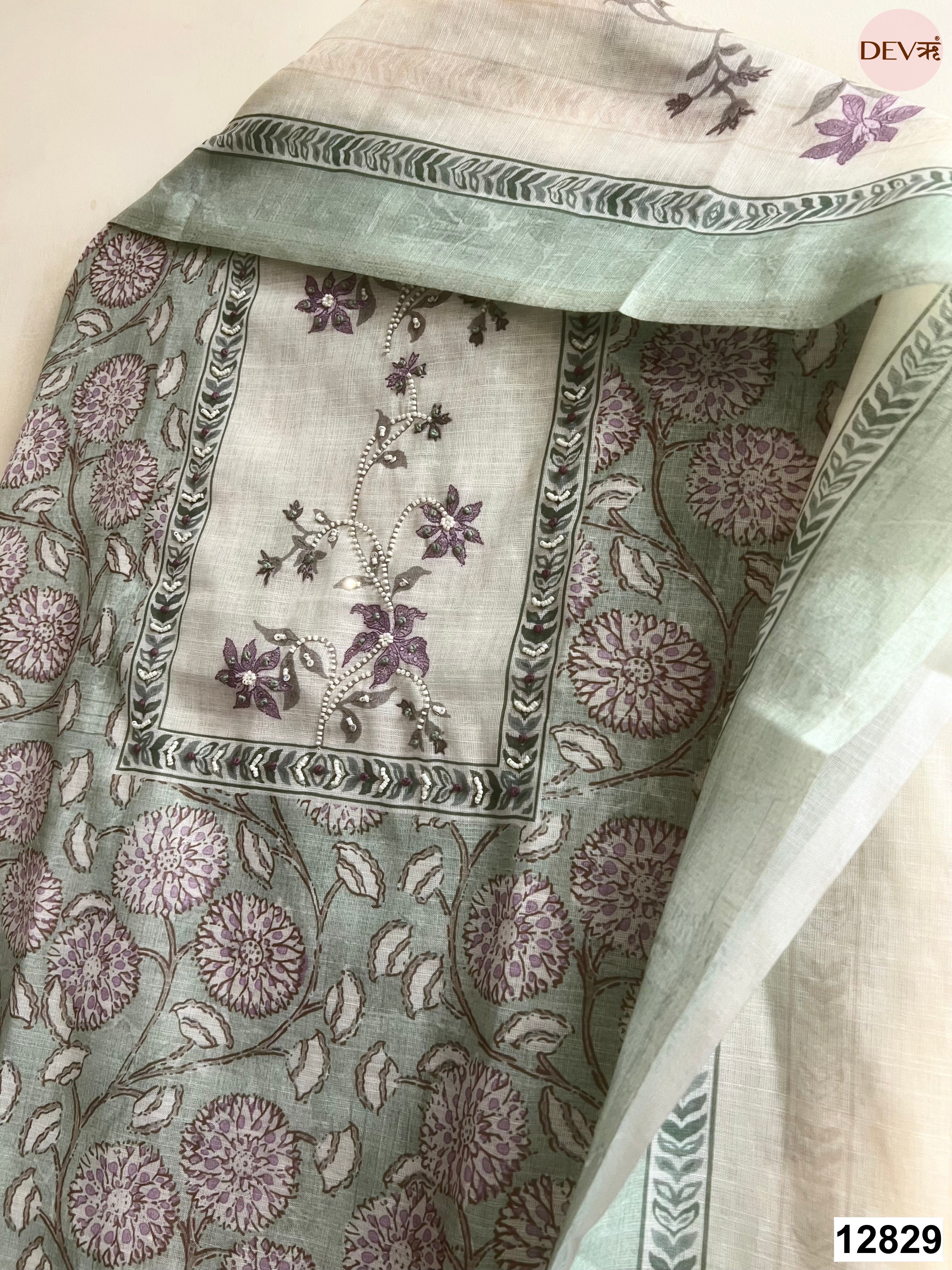 Sage Green Linen Cotton Printed Unstitched 3-Piece Suit (Devri – D.No 12829)