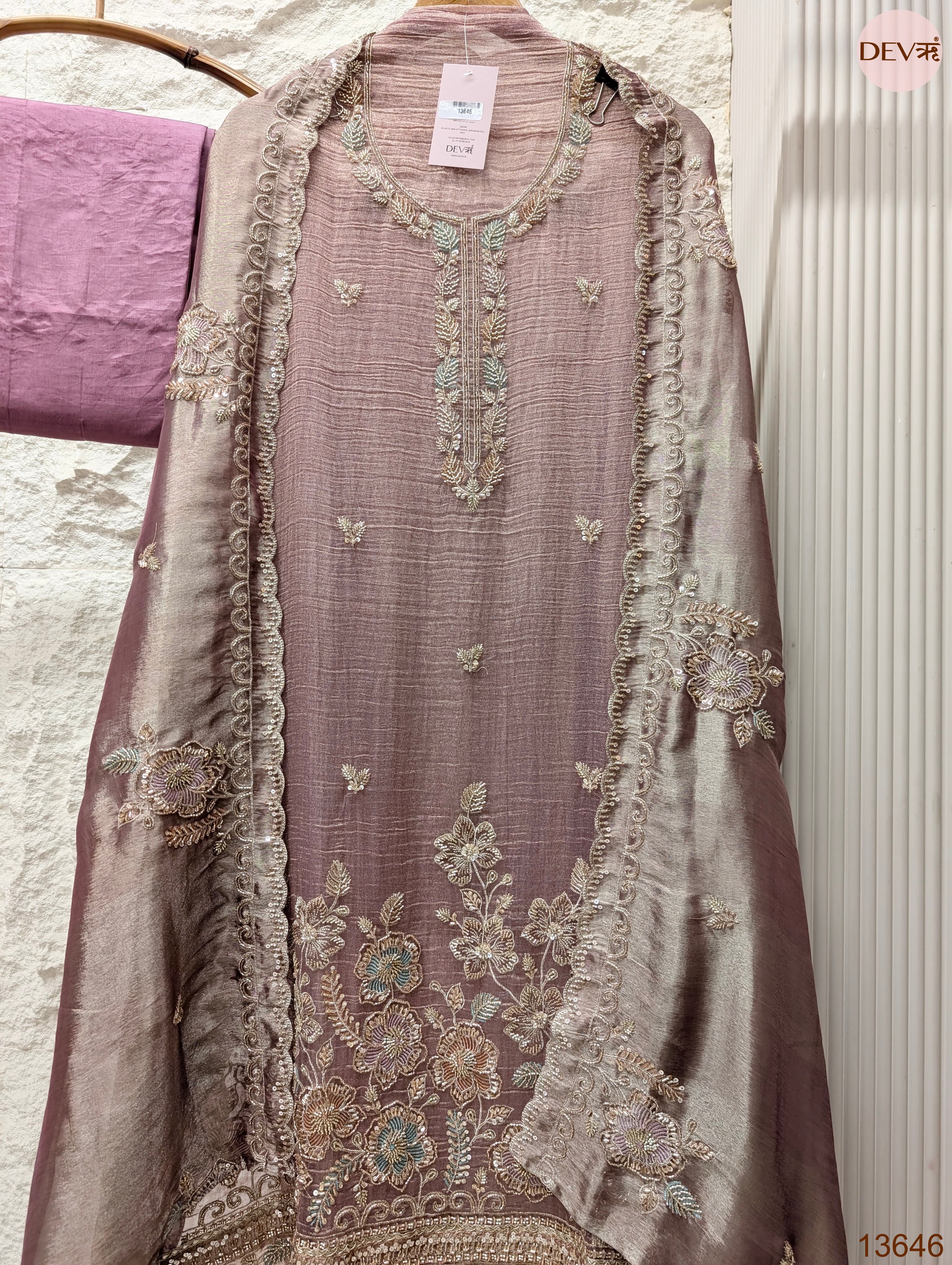 Mauve Tissue Crush Silk Embroidered Unstitched 3-Piece Suit (Devri – D.No 13646)