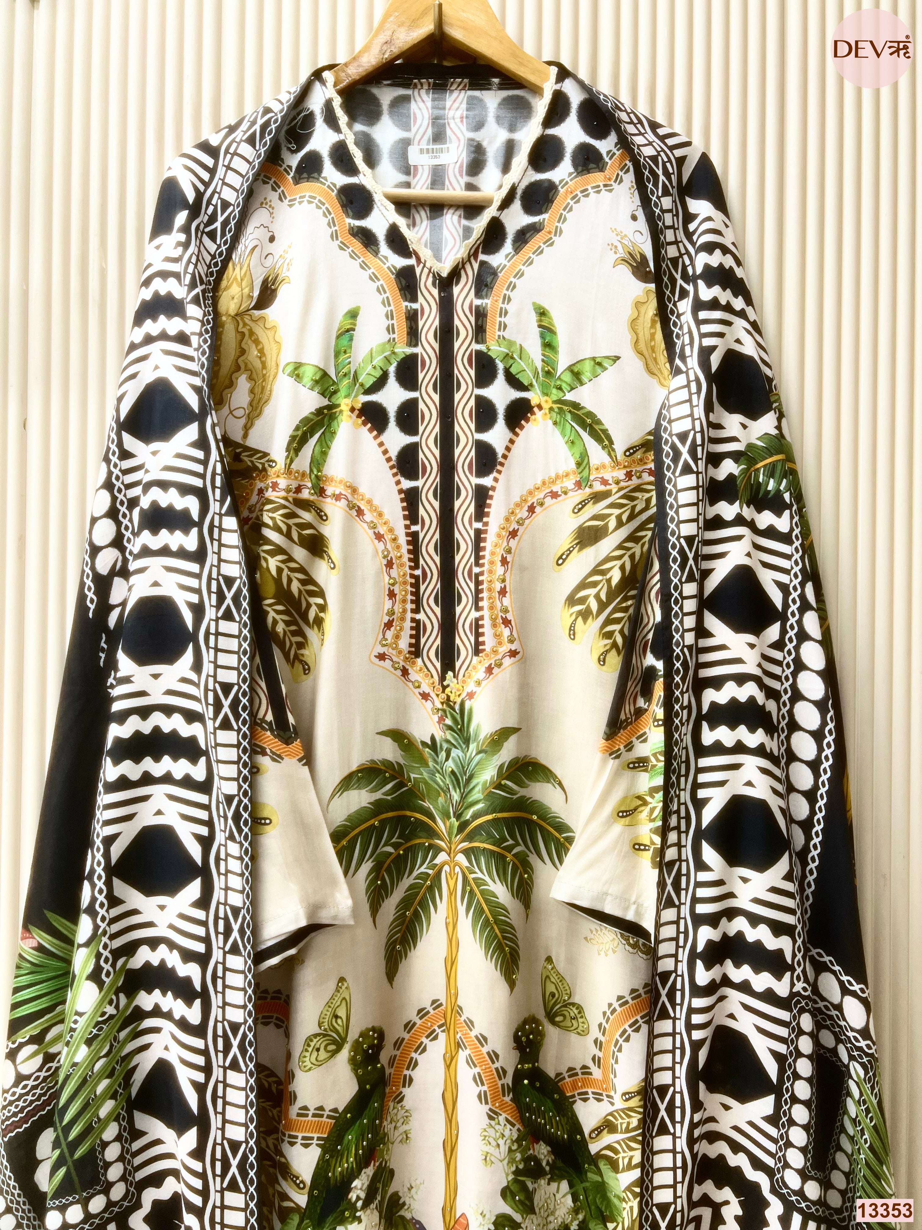 White Muslin Printed Unstitched 3-Piece Suit (Devri – D.No 13353)
