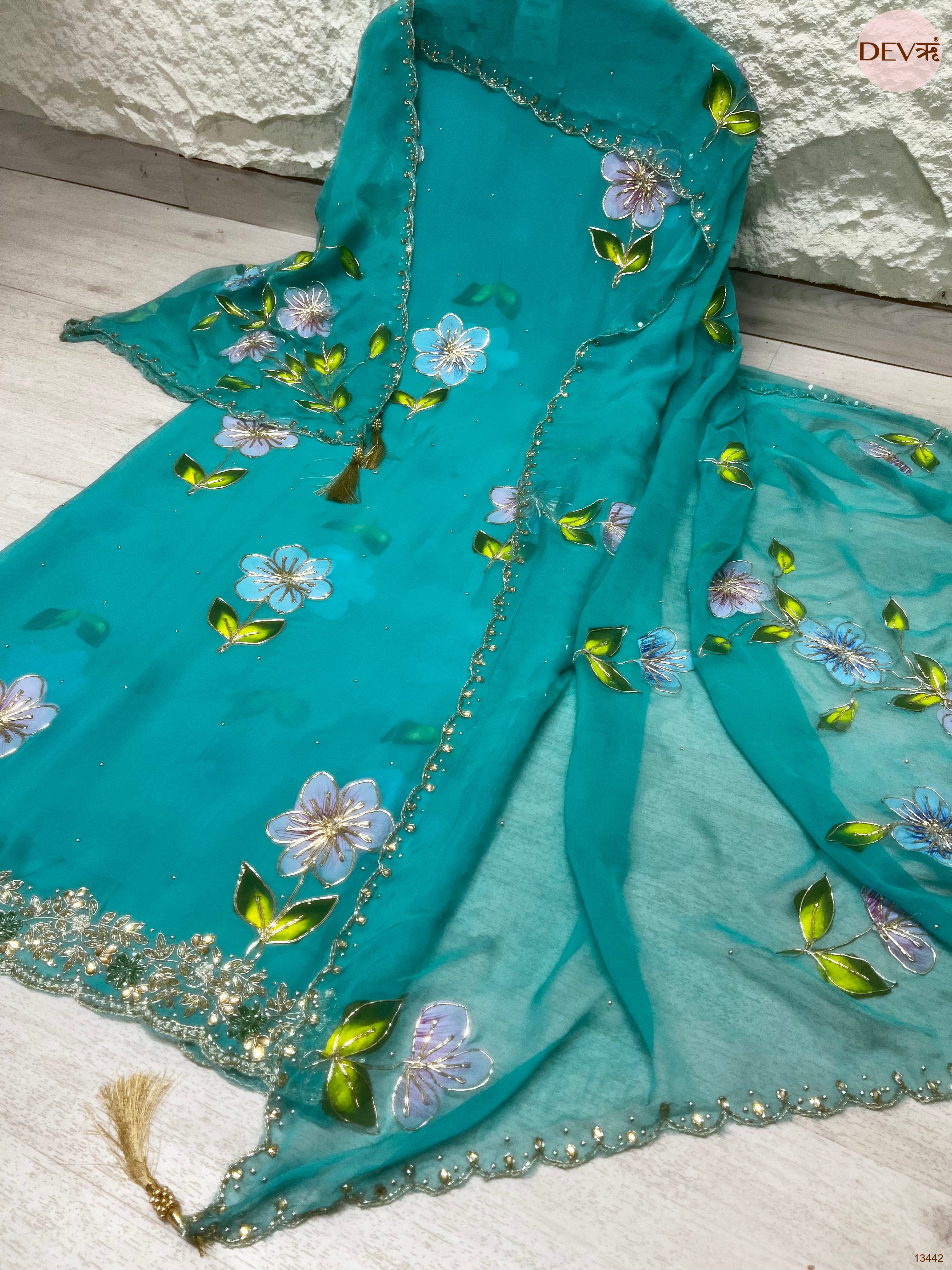 Teal viscose organza Embroidered Unstitched 3-Piece Suit (Devri – D.No 13442)