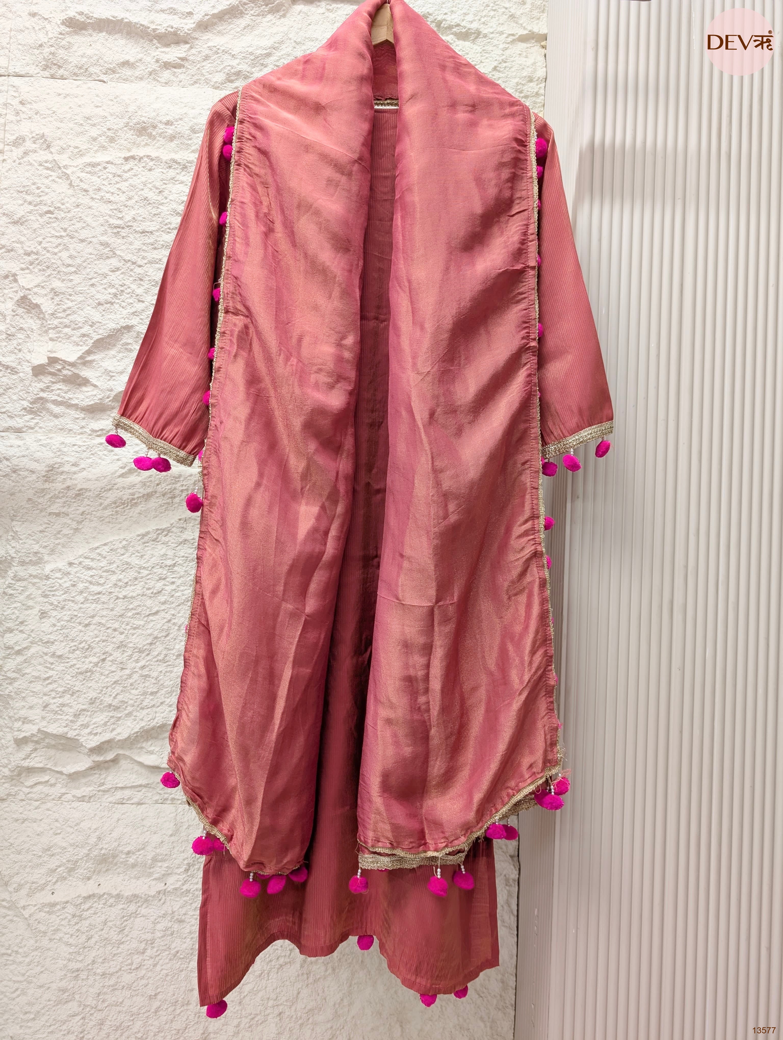 Gulnaar Tissue silk Embroidered Dusty Rose 3-Piece Set (Devri – D.No 13577)