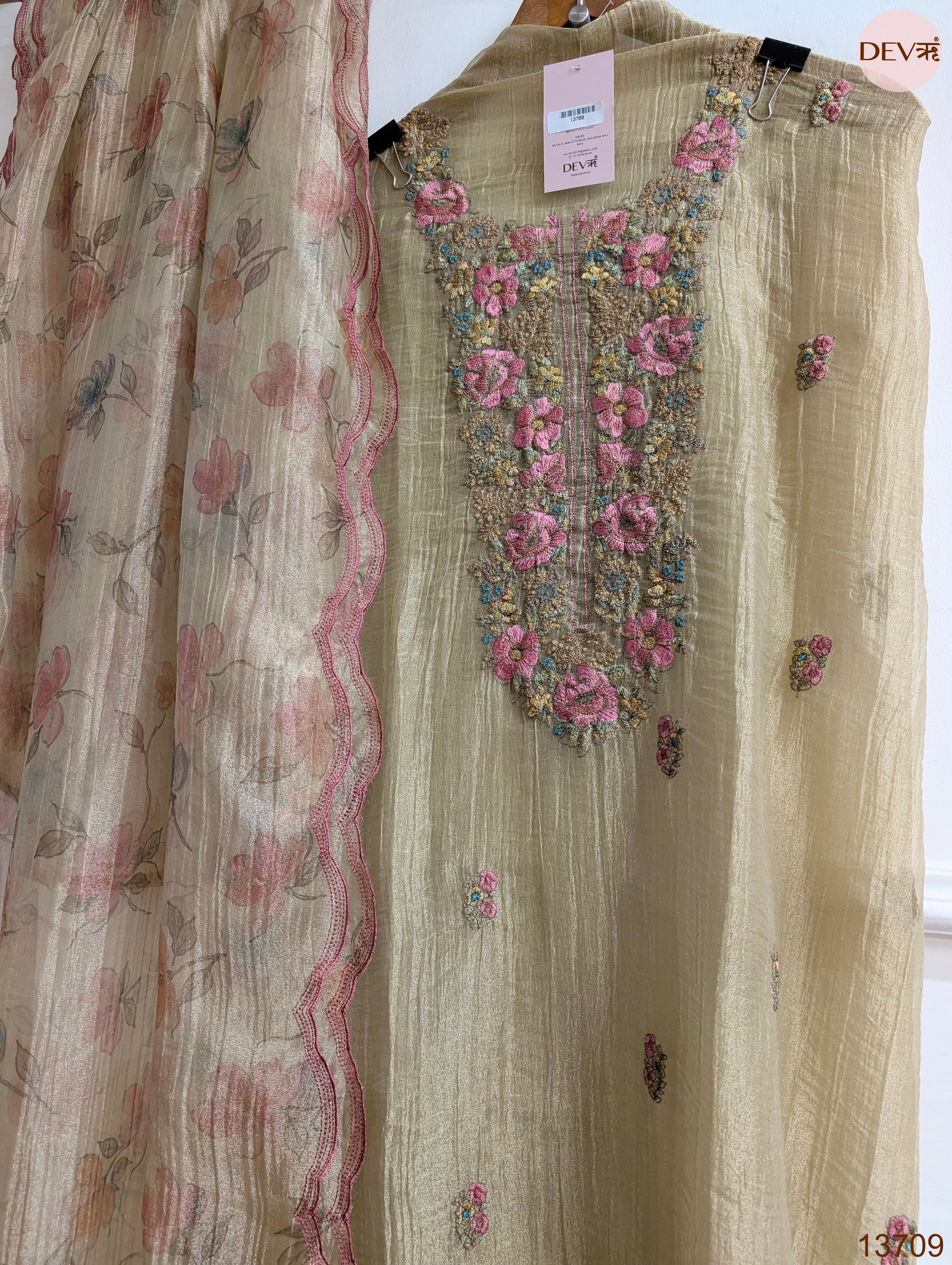 Beige Crush Tissue Silk Embroidered Unstitched 3-Piece Suit (Devri – D.No 13709)