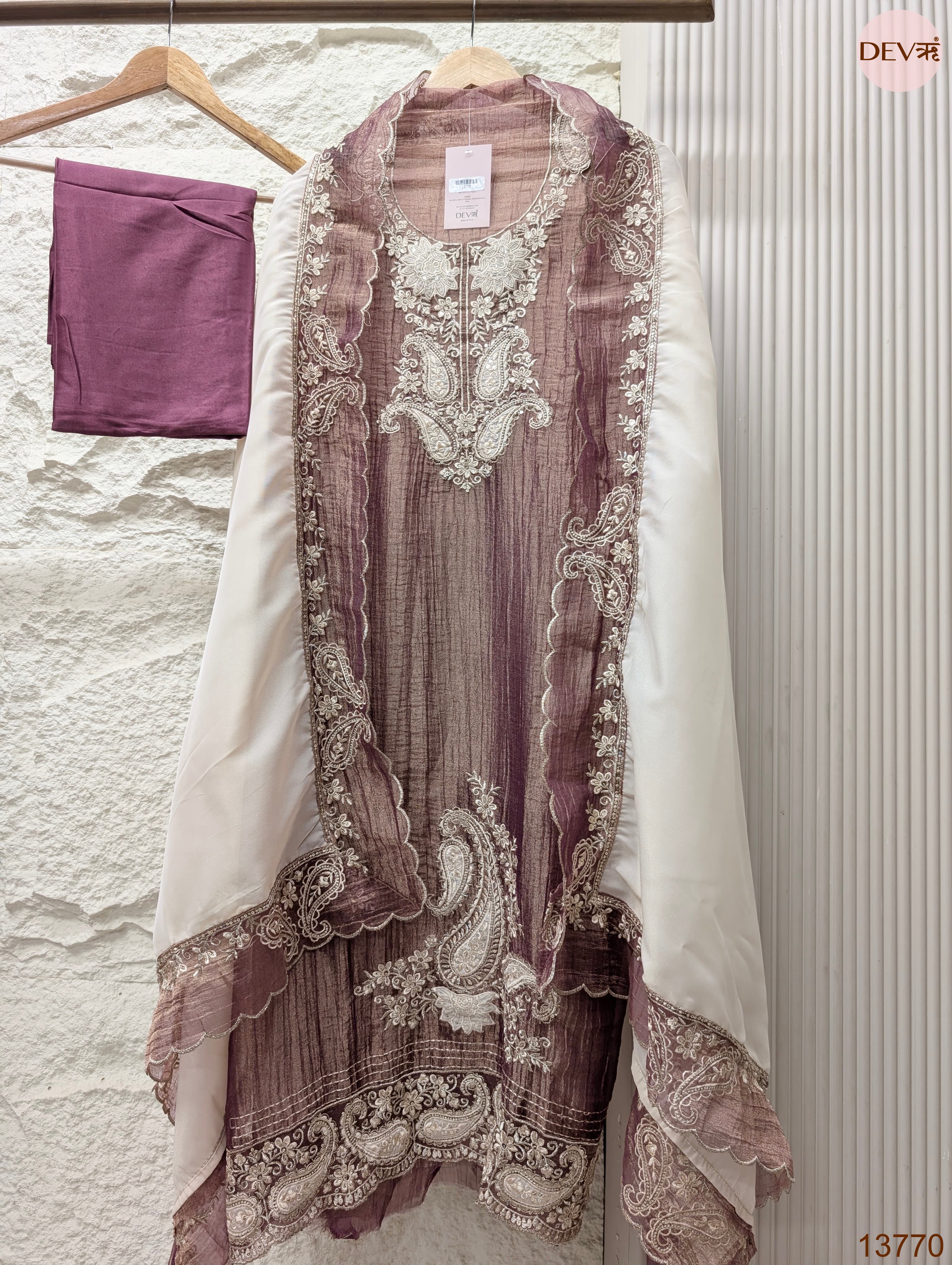 Mauve Pure Tissue Silk Embroidered Unstitched 3-Piece Suit (Devri – D.No 13770)