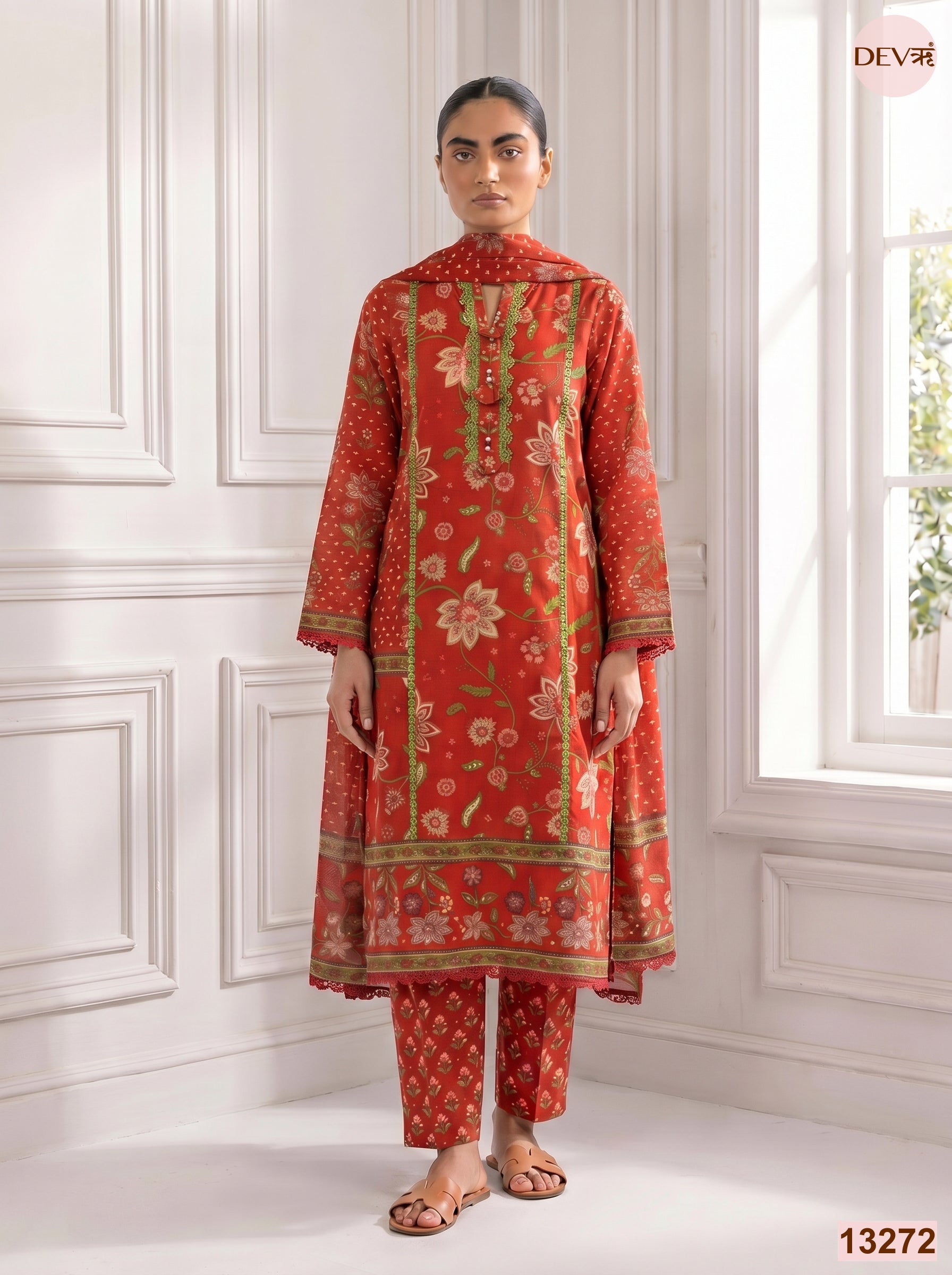 Red Cotton Printed Unstitched 3-Piece Suit (Devri – D.No 13272)