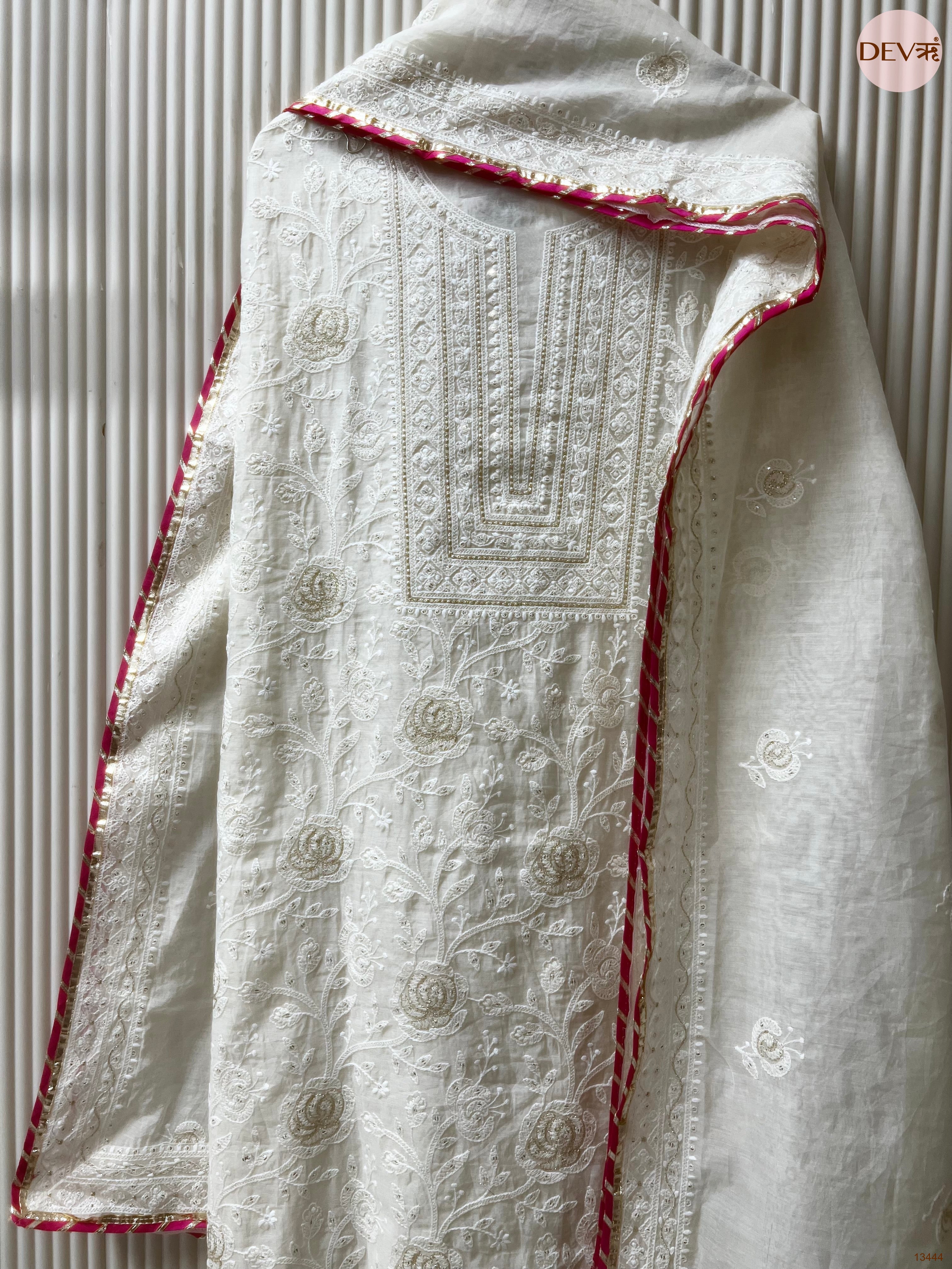 White Mul chanderi Embroidered Unstitched 3-Piece Suit (Devri – D.No 13444)