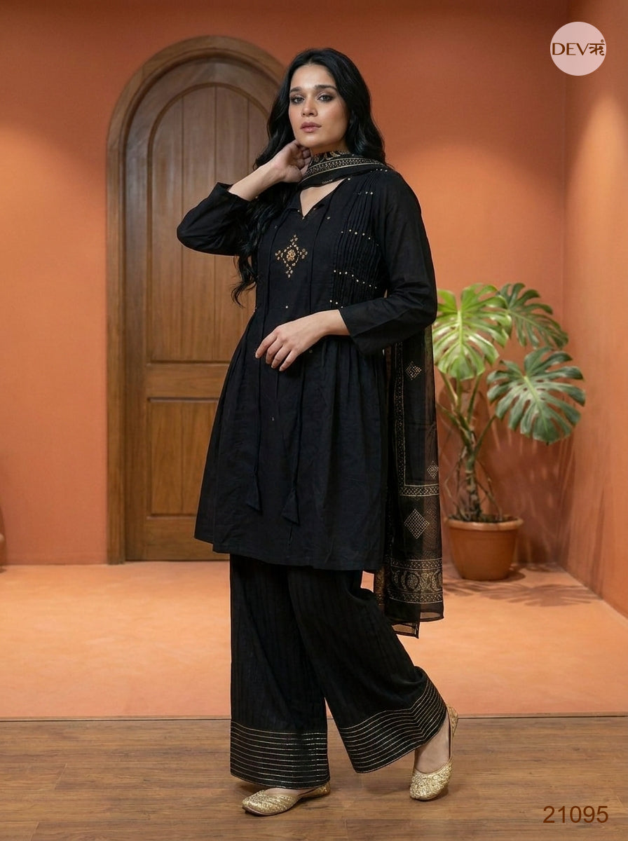 Noor Mul Chanderi Embroidered Black 3-Piece Set (Devri – D.No 21095)