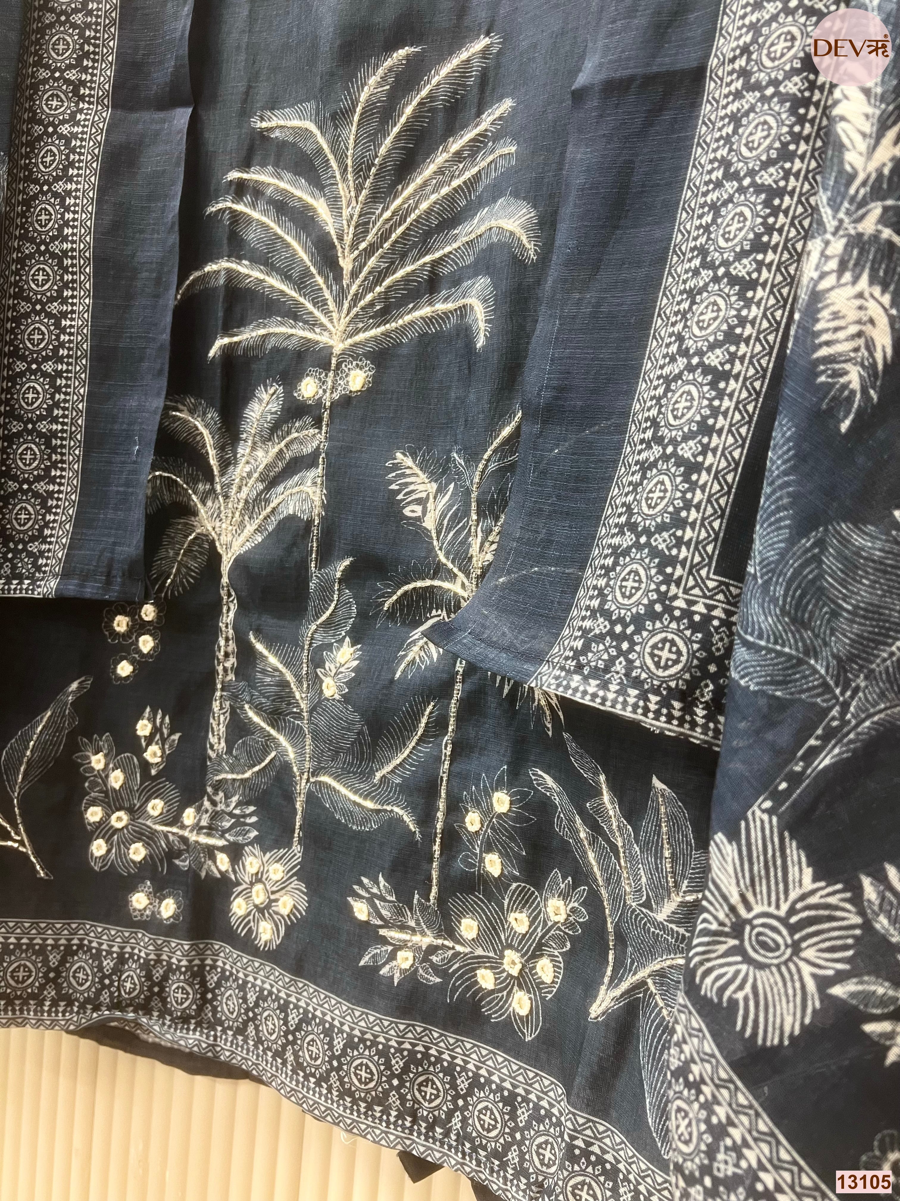 Navy Linen Cotton Printed Unstitched 3-Piece Suit (Devri – D.No 13105)