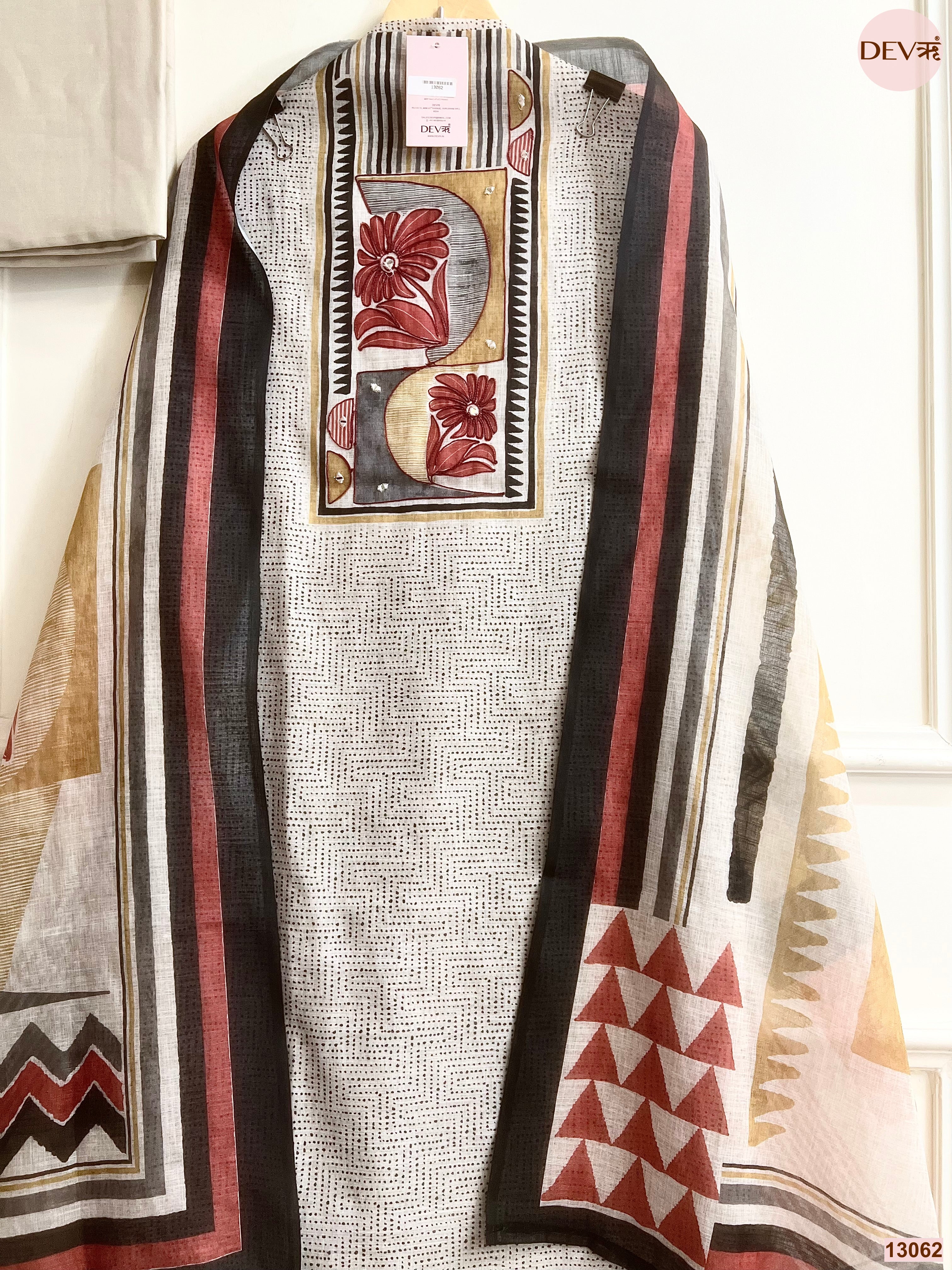 Off White Linen Cotton Printed Unstitched 3-Piece Suit (Devri – D.No 13062)