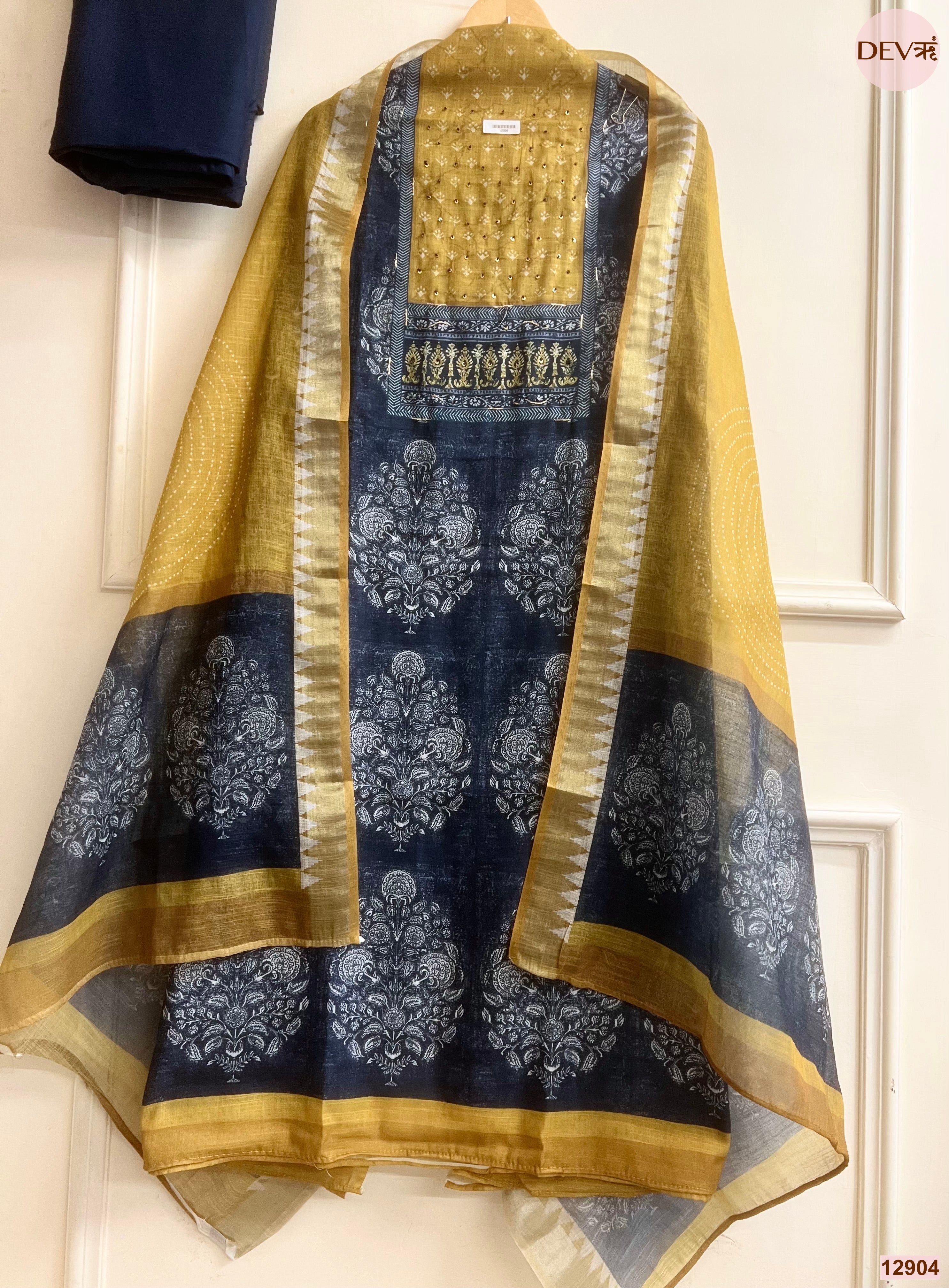 Mustard Linen Cotton Printed Unstitched 3-Piece Suit (Devri – D.No 12904)