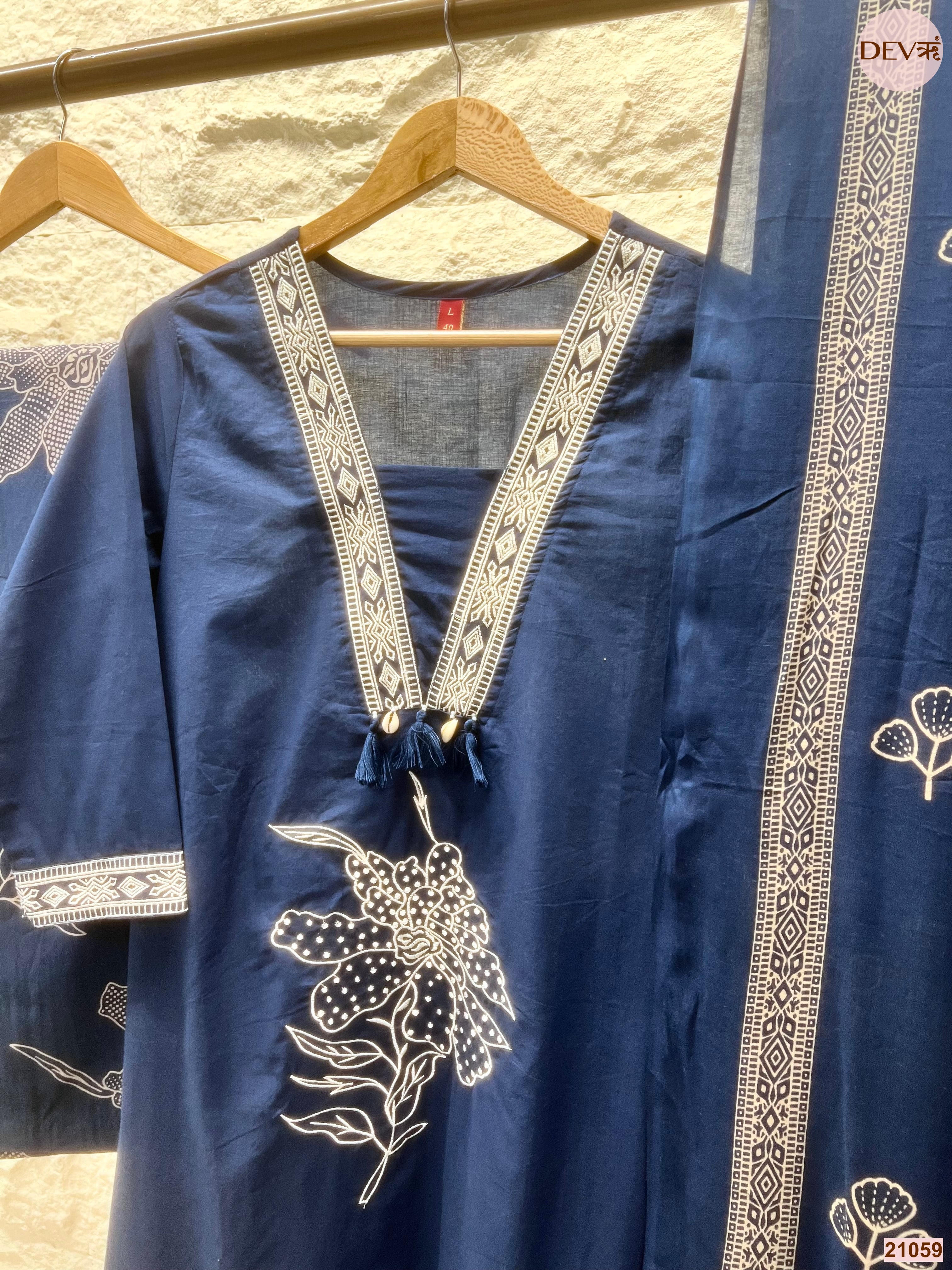 Neelambari Cotton Slub Printed Navy Blue 3-Piece Set (Devri – D.No 21059)
