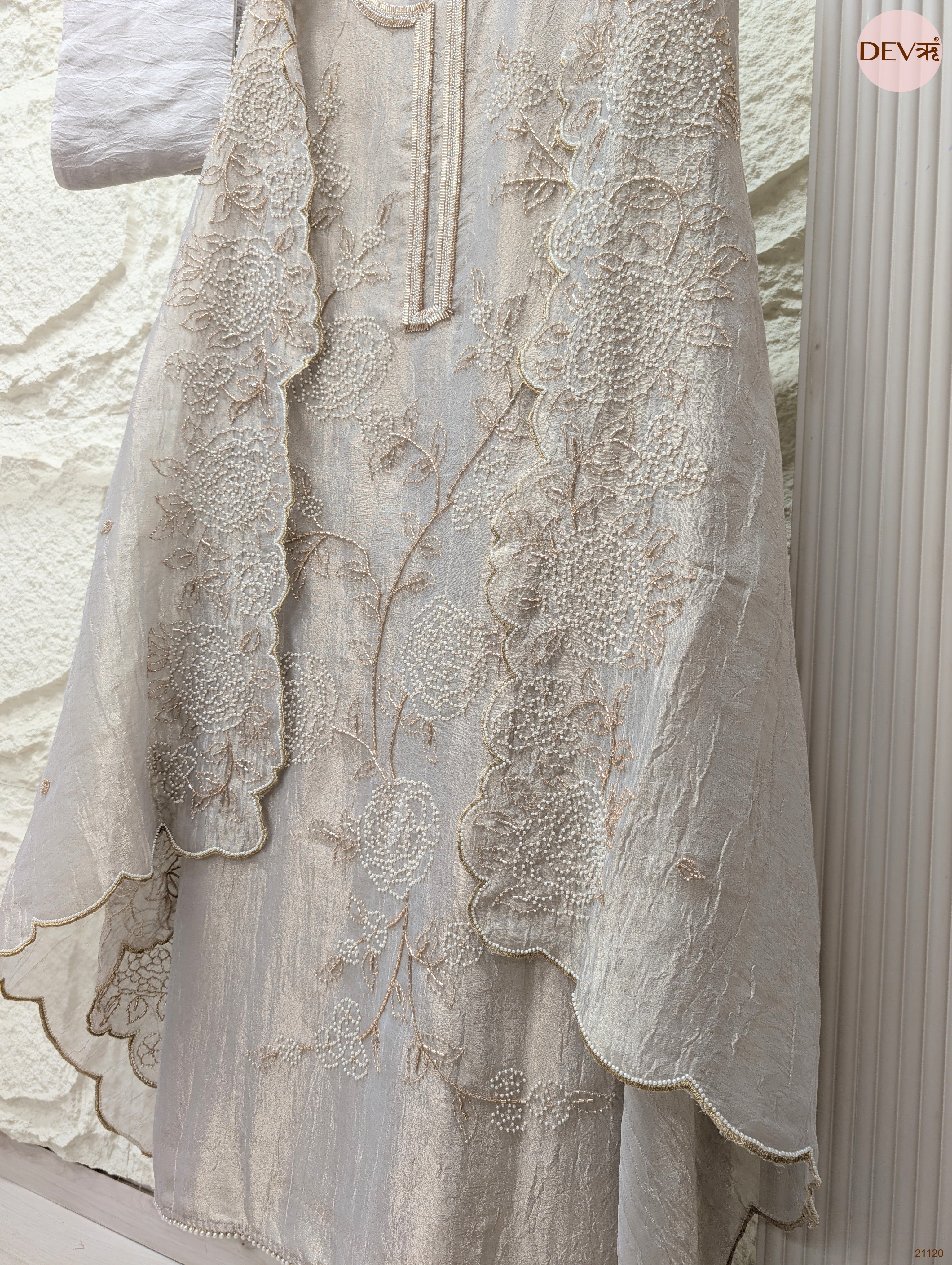 Grey Pure Tissue Crush Silk Embroidered Unstitched 3-Piece Suit (Devri – D.No 21120)