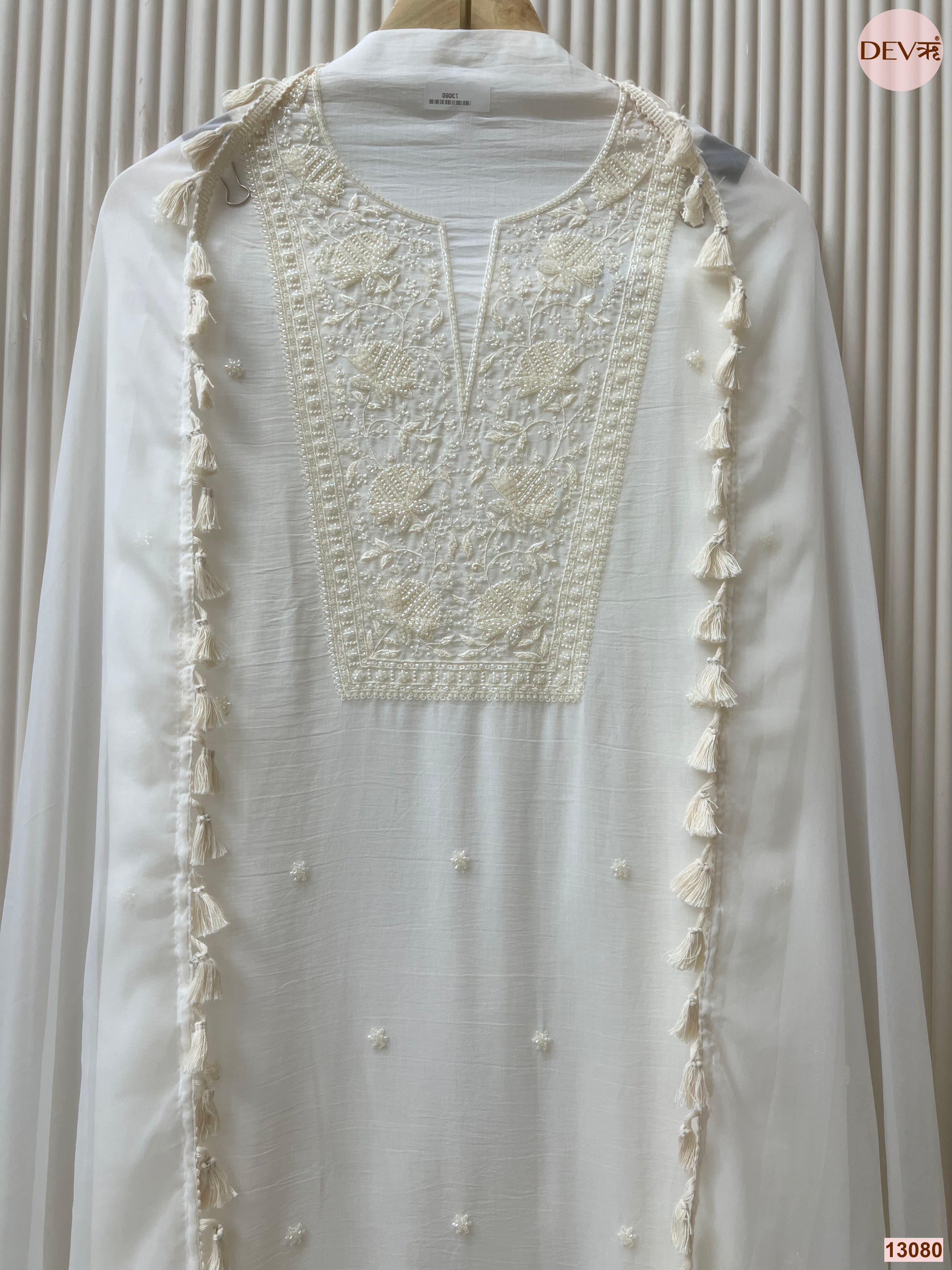 White Mul Cotton Embroidered Unstitched 3-Piece Suit (Devri – D.No 13080)