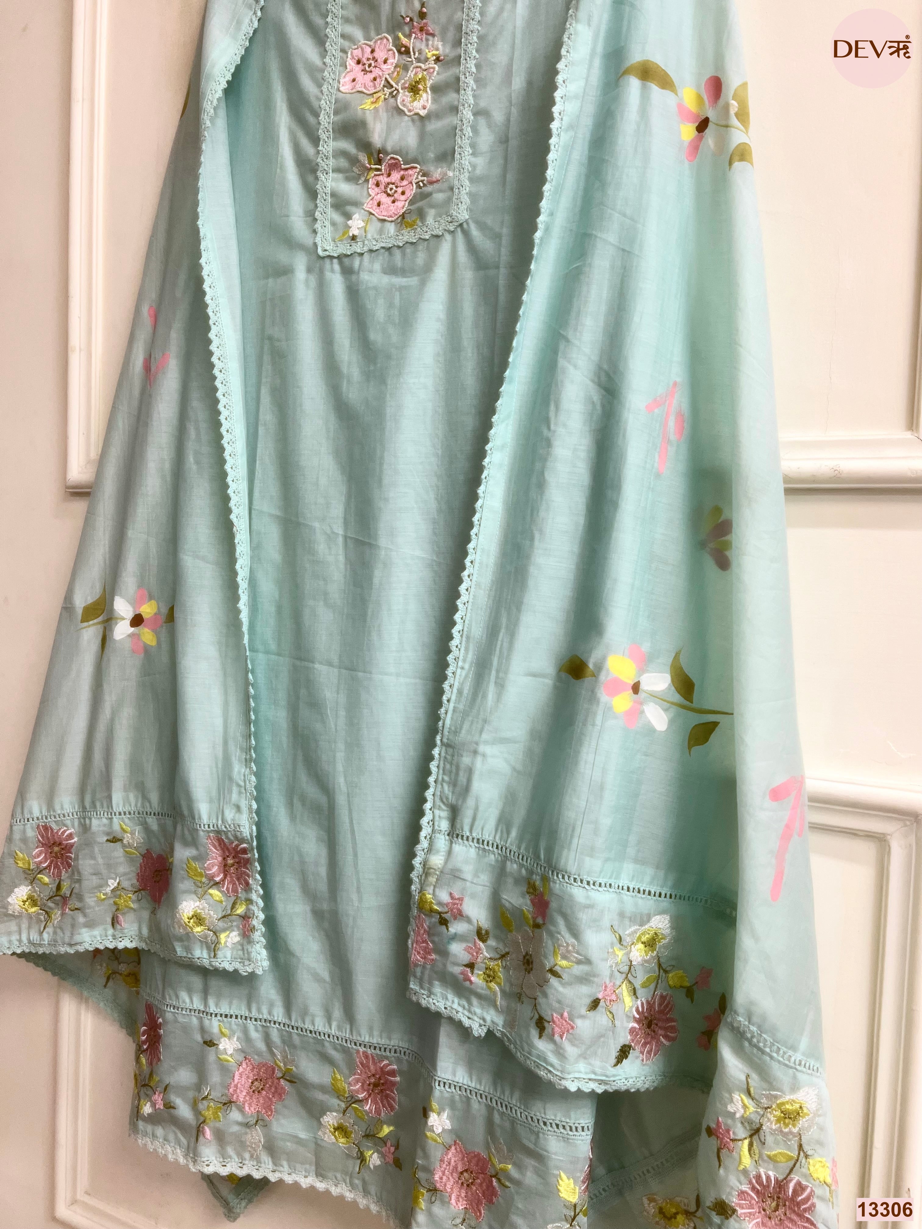 Mint Mul Cotton Embroidered Unstitched 3-Piece Suit (Devri – D.No 13306)