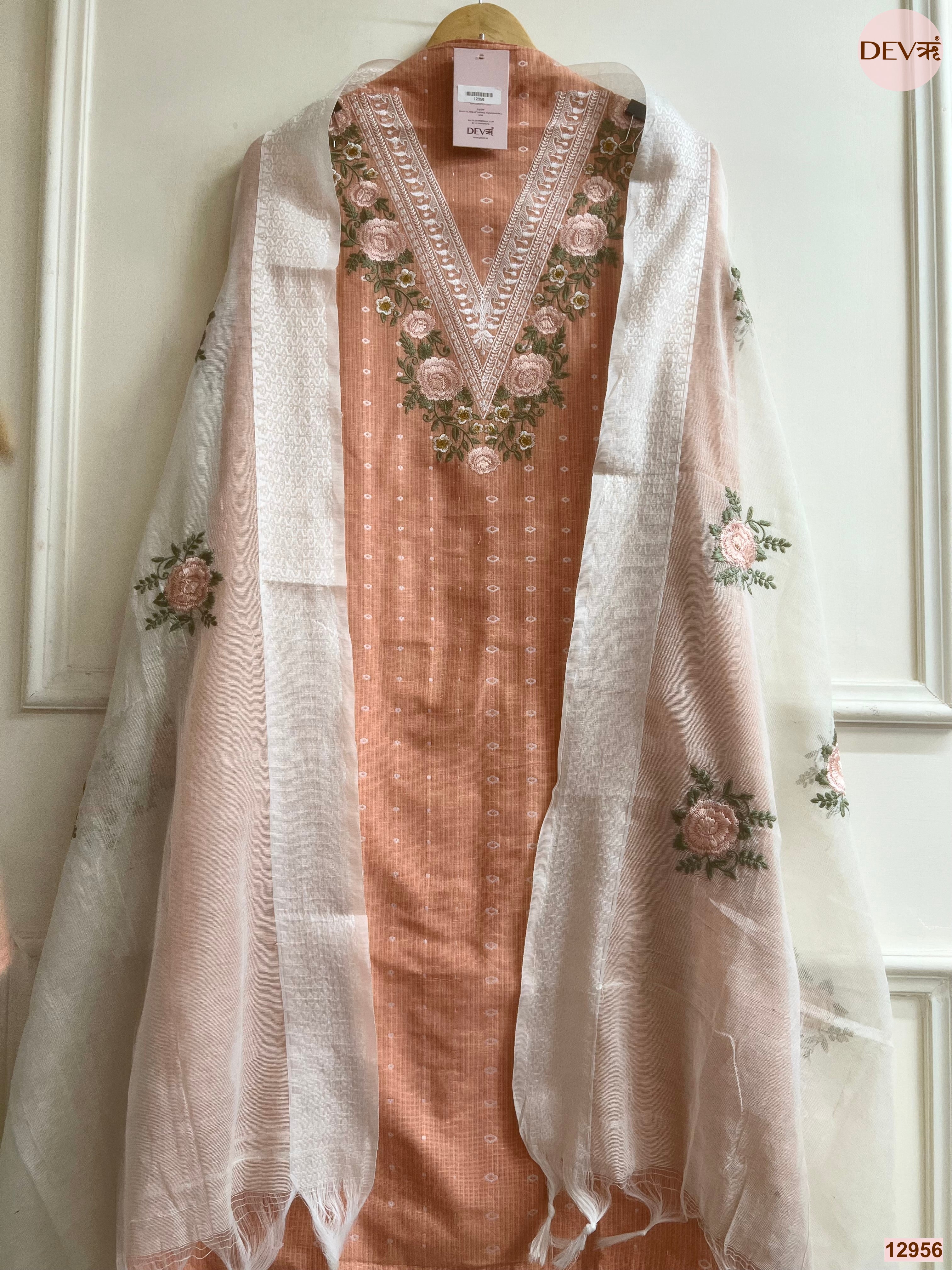 Peach Cotton Handloom Embroidered Unstitched 3-Piece Suit (Devri – D.No 12956)