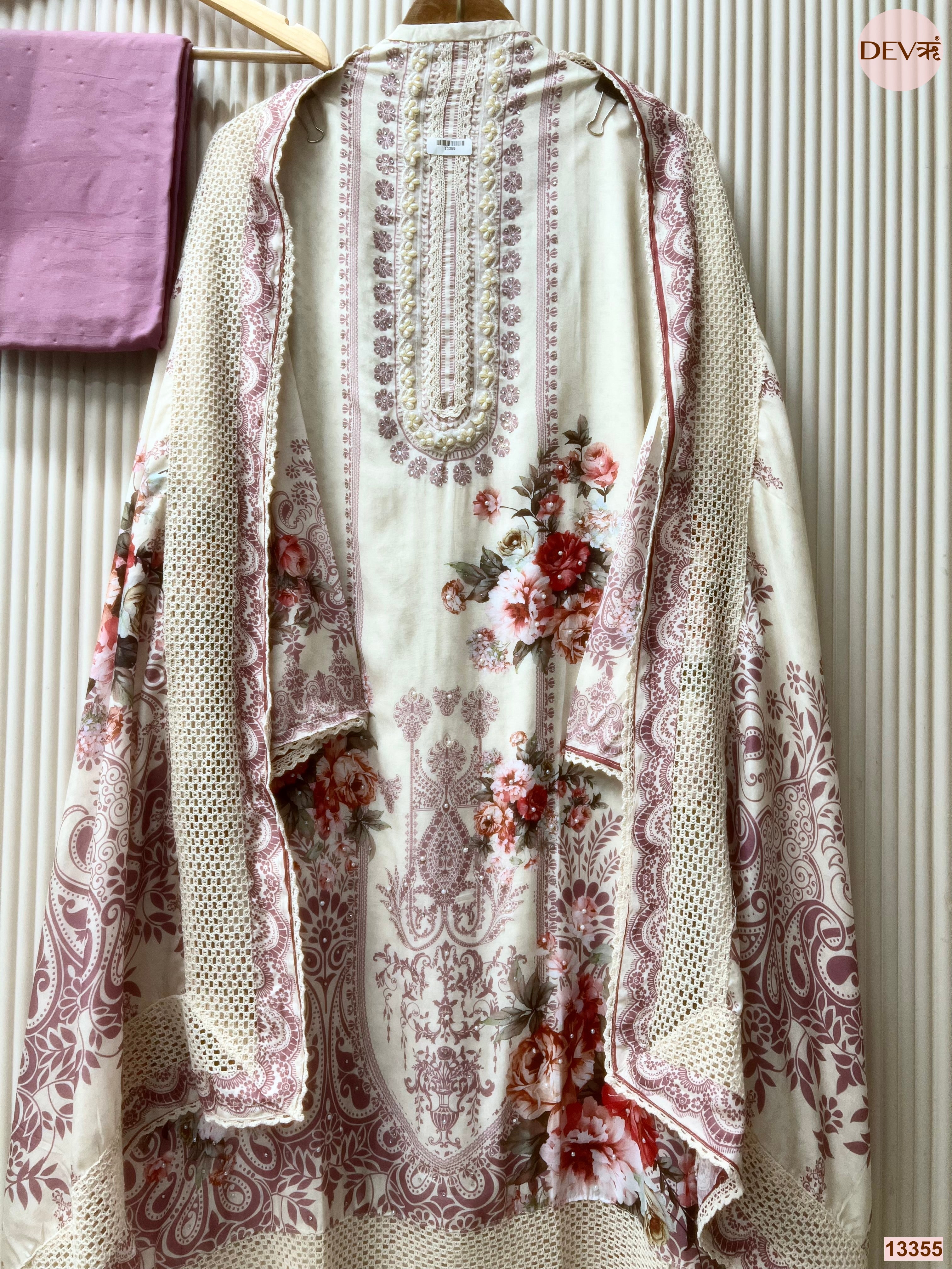 Cream Muslin Printed Unstitched 3-Piece Suit (Devri – D.No 13355)