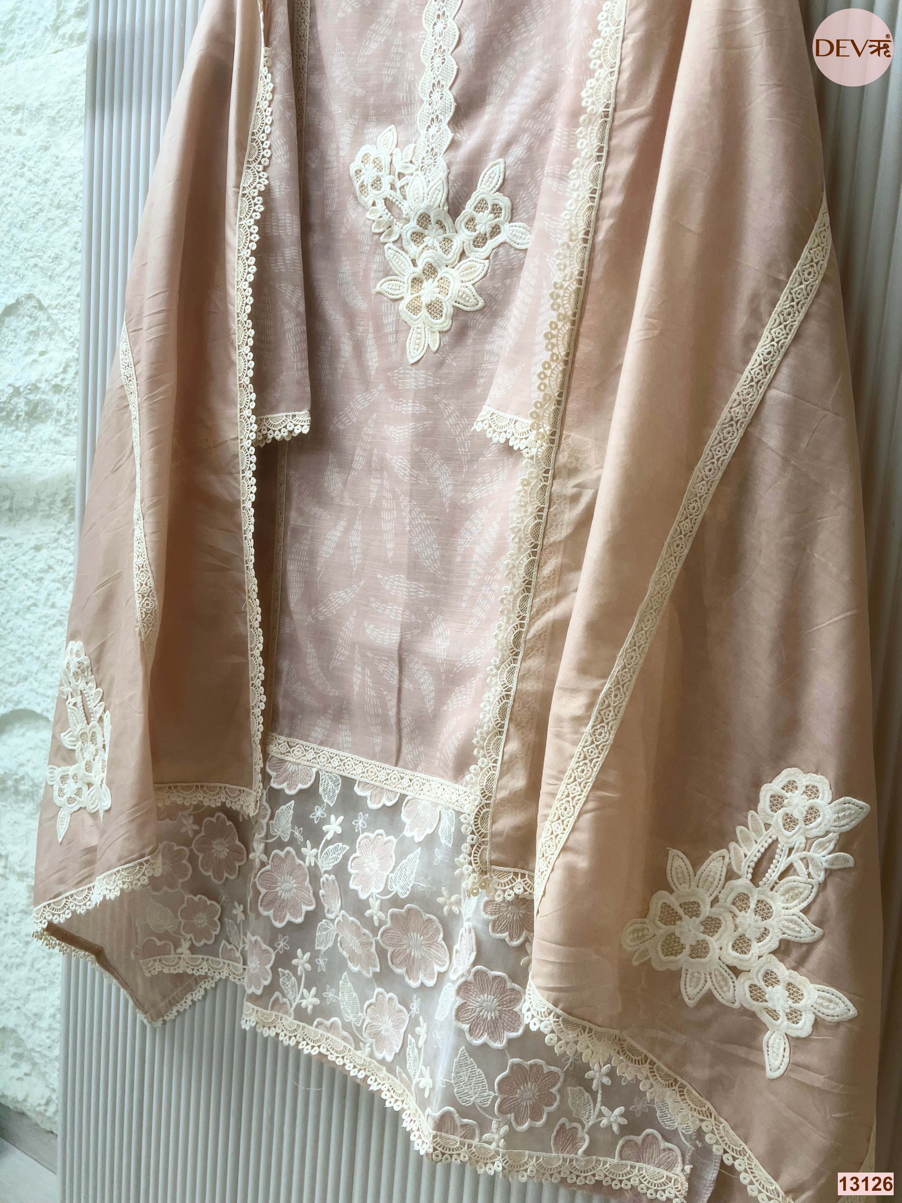 Peach Linen Cotton Embroidered Unstitched 3-Piece Suit (Devri – D.No 13126)