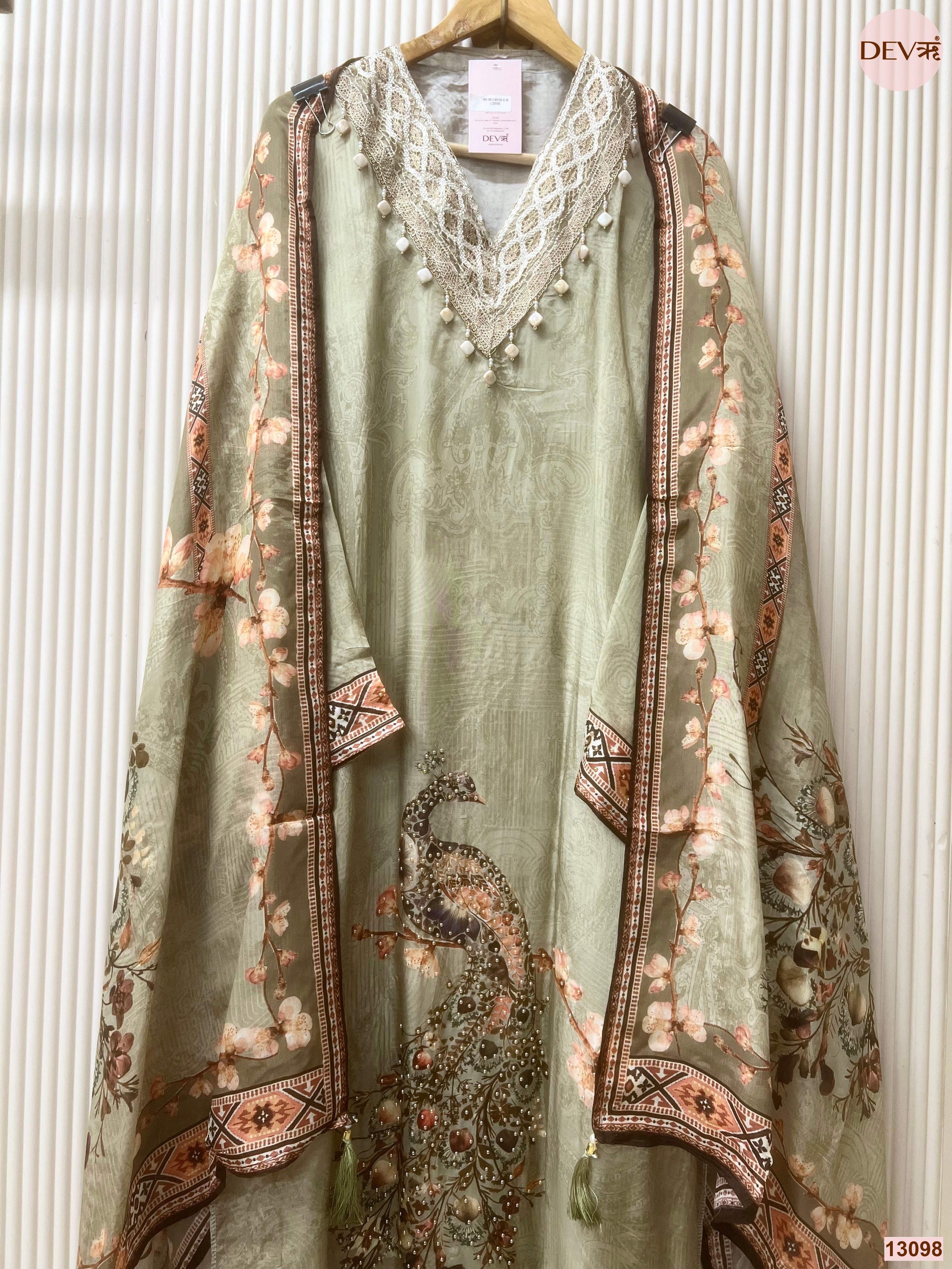 Green Tissue Organza Printed Unstitched 3-Piece Suit (Devri – D.No 13098)