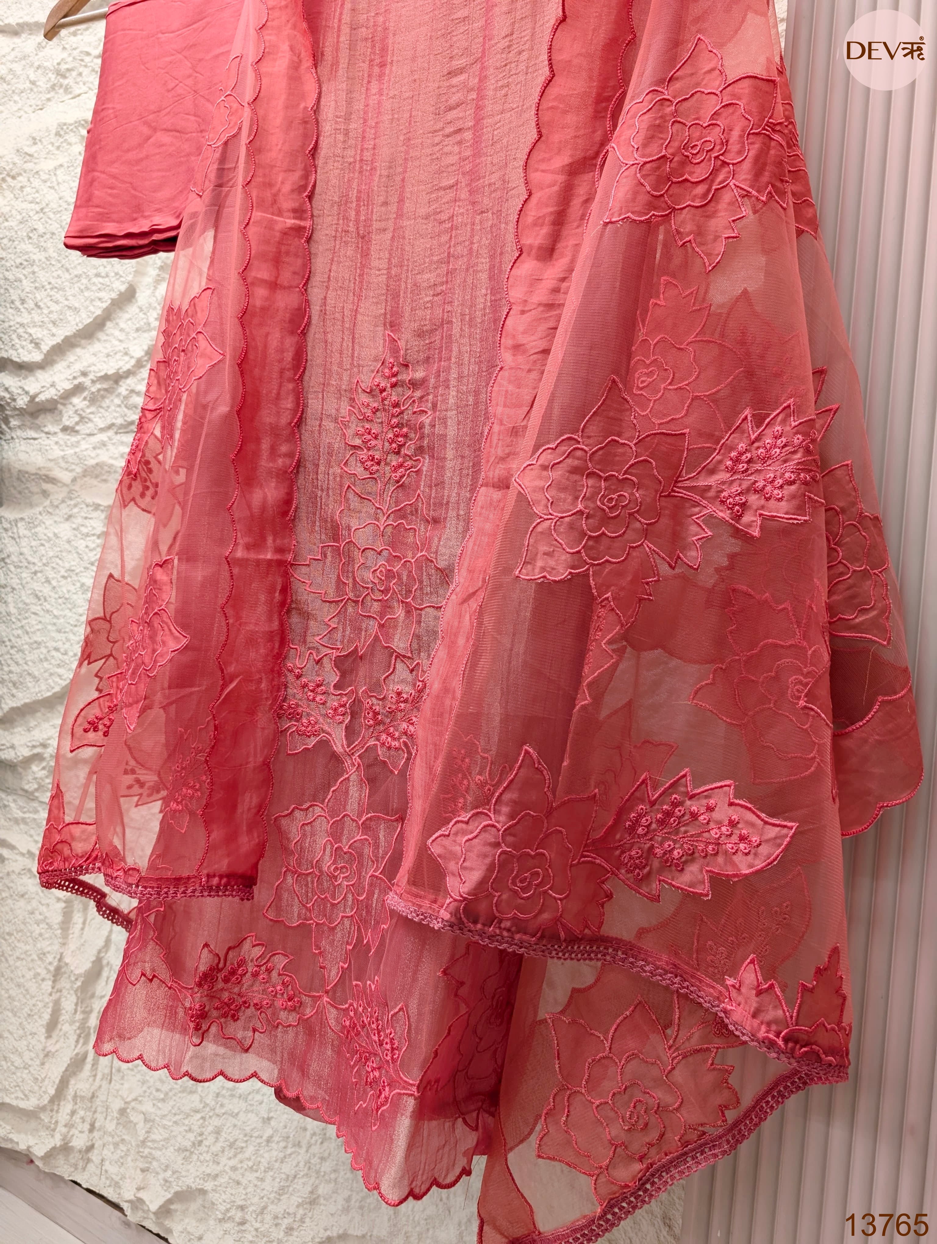 Pink Tissue Silk Embroidered Unstitched 3-Piece Suit (Devri – D.No 13765)