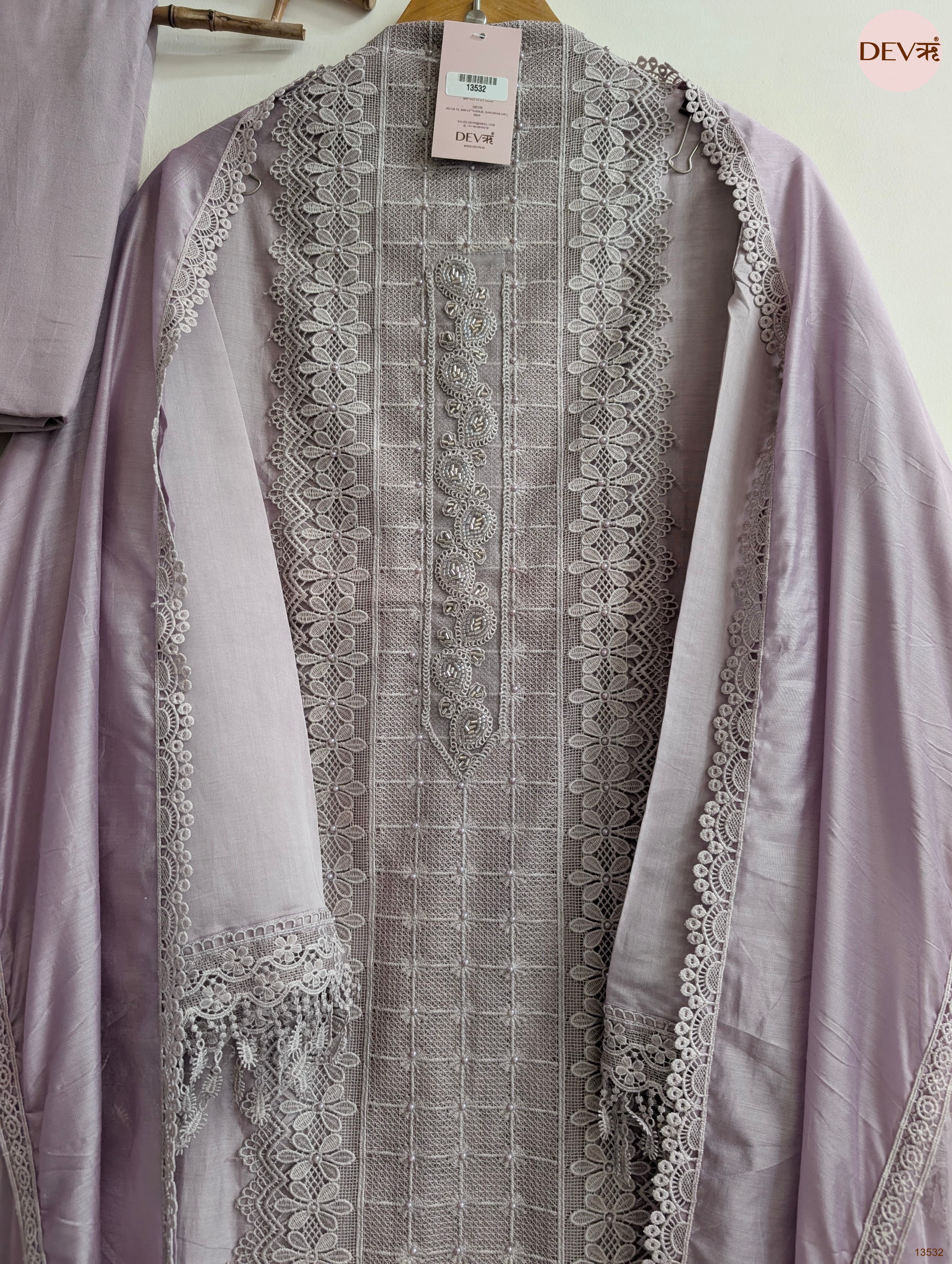 Lilac Modal Silk Embroidered Unstitched 3-Piece Suit (Devri – D.No 13532)