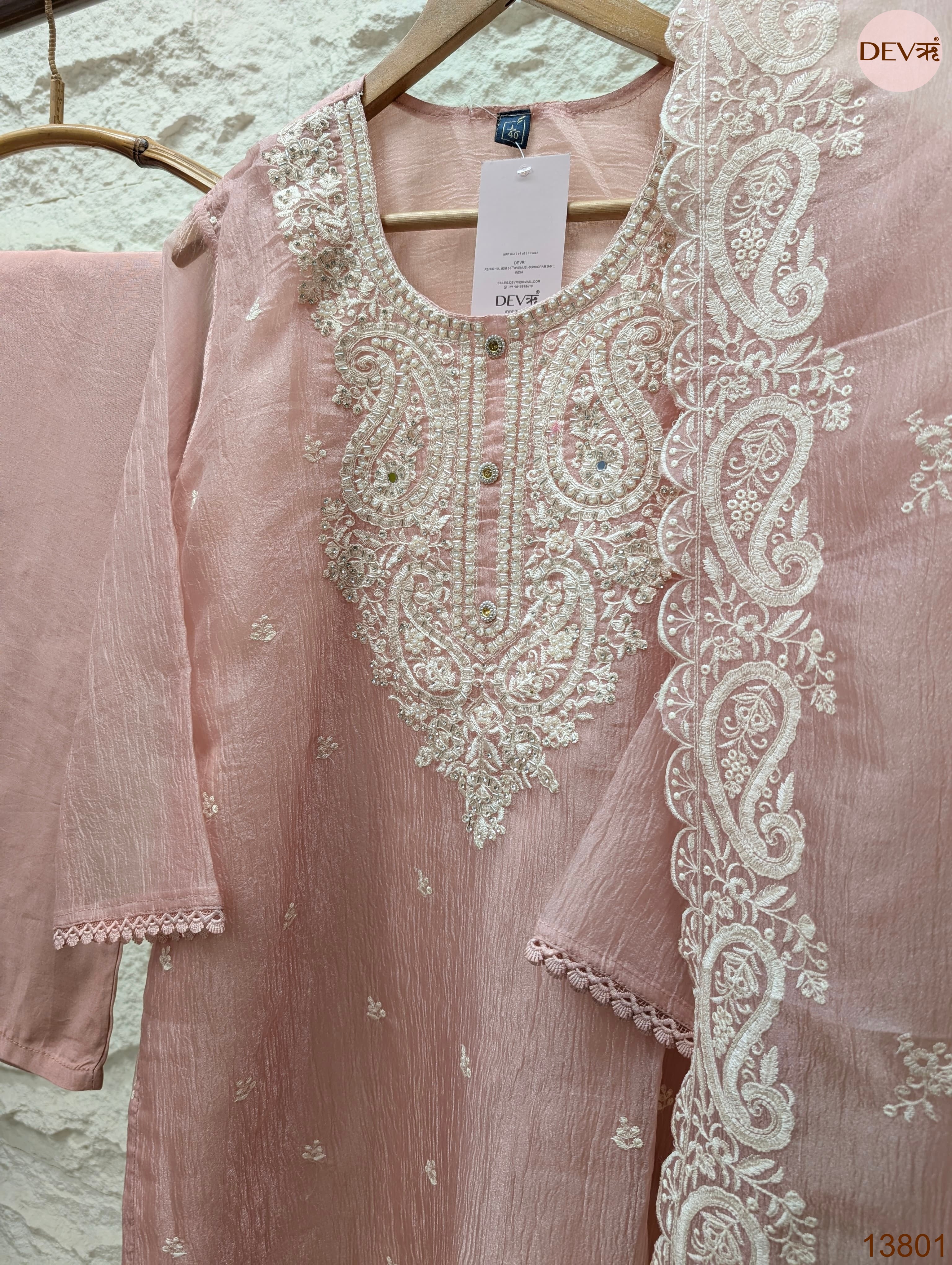 Gulnaar Crushed tissue silk Embroidered Blush Pink 3-Piece Set (Devri – D.No 13801)