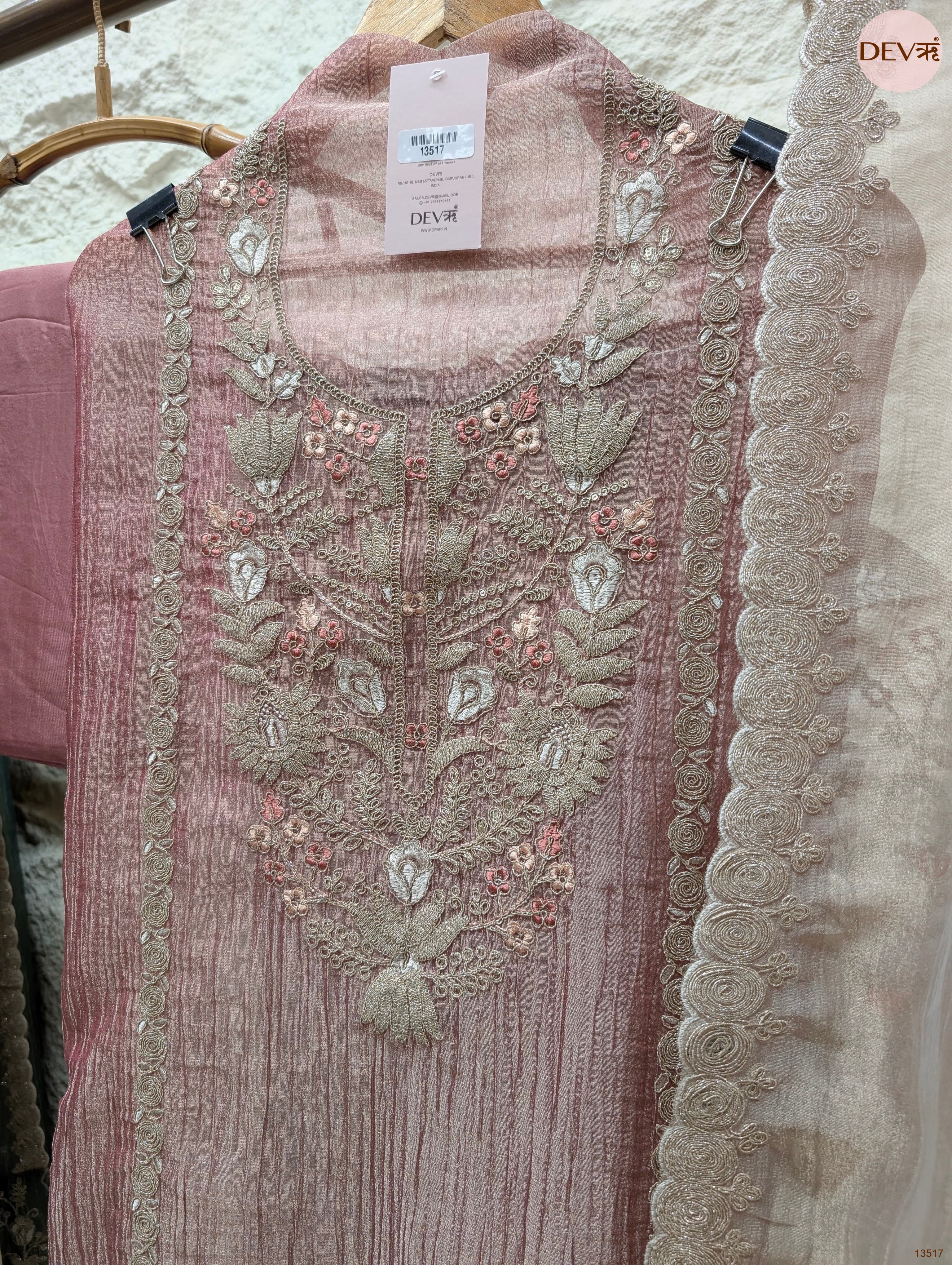 Pink Tissue Silk Embroidered Unstitched 3-Piece Suit (Devri – D.No 13517)