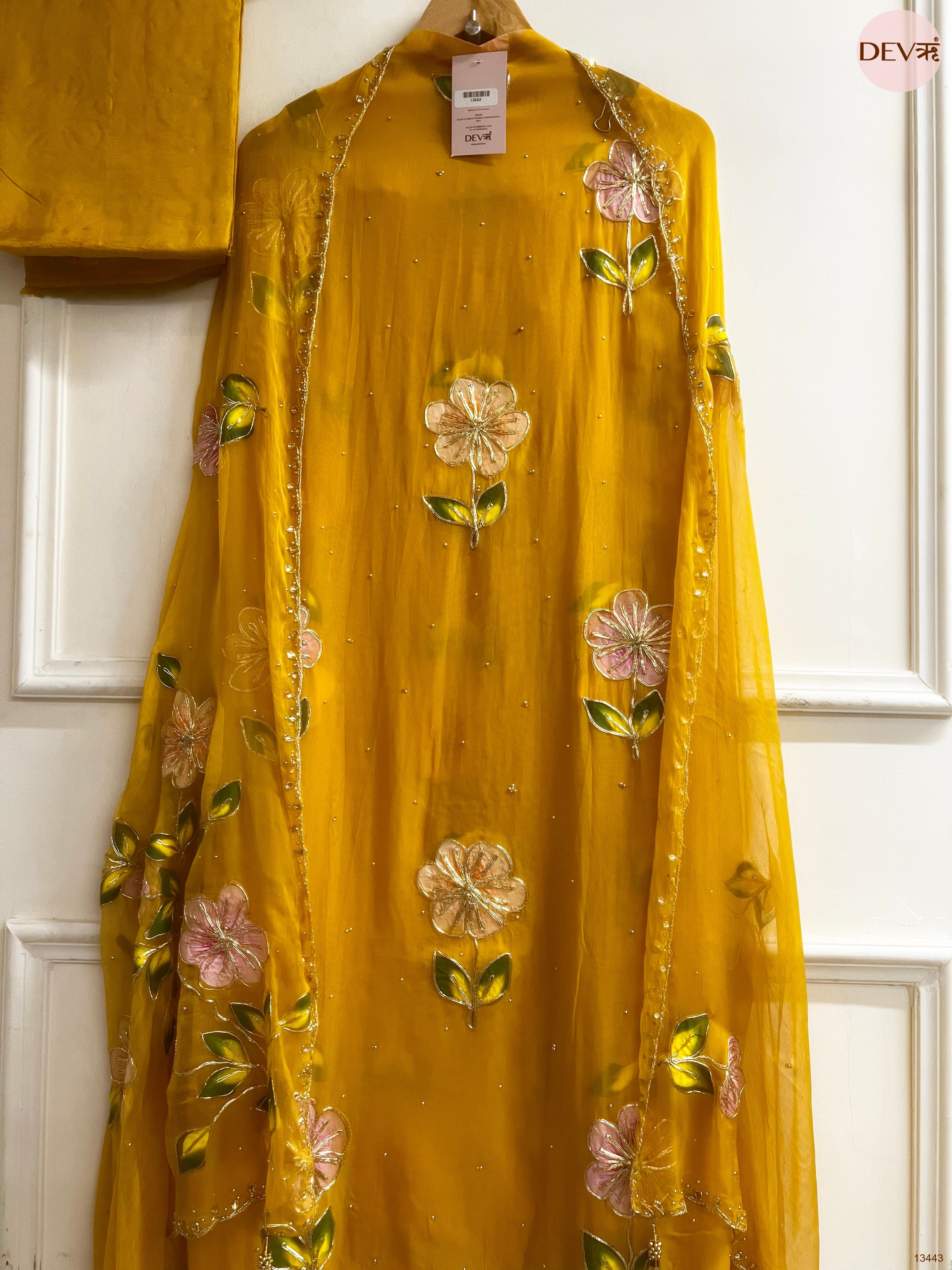 Mustard Handwork viscose organza Unstitched 3-Piece Suit (Devri – D.No 13443)